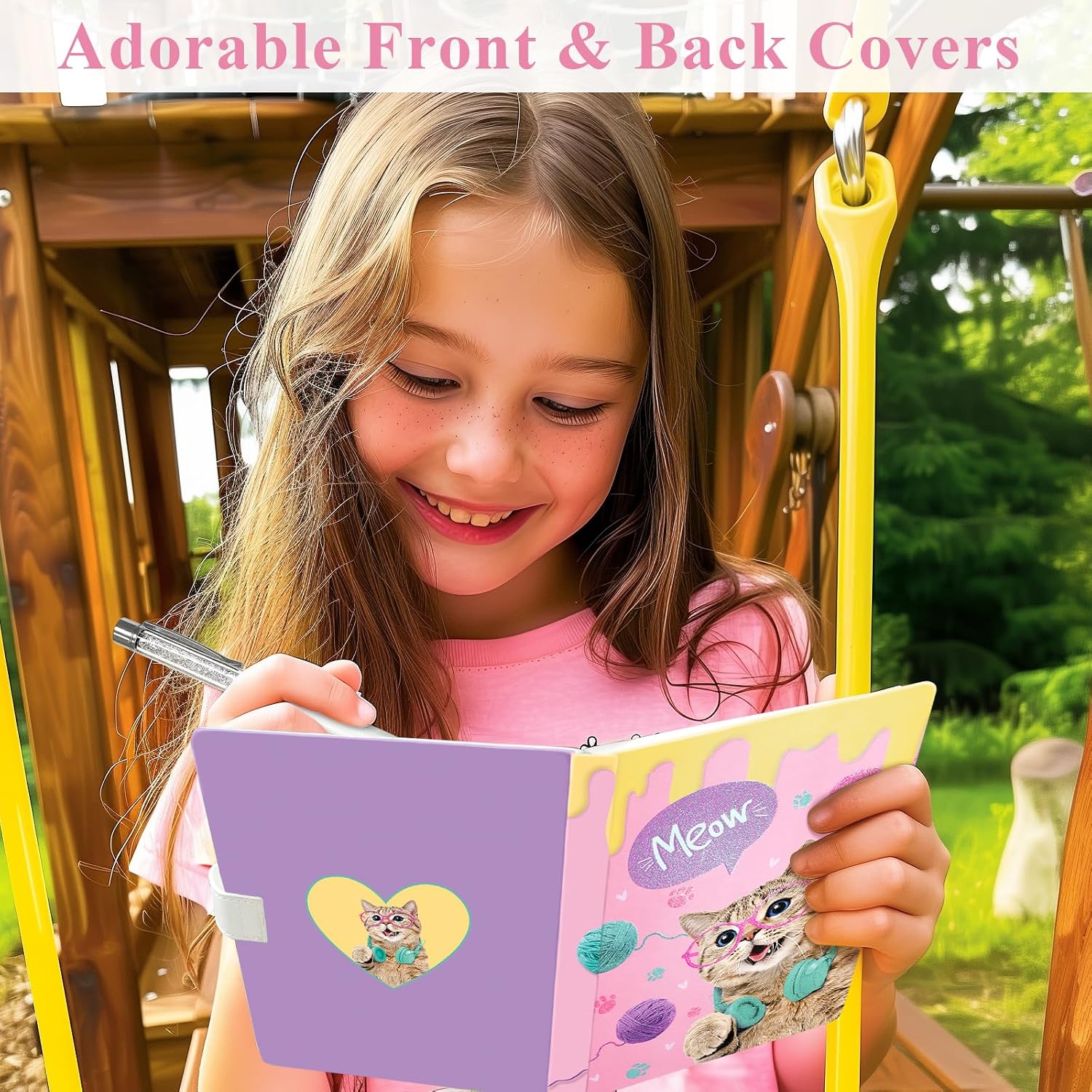 Detalle 2 de DWIYITTN Pink Cat Journal for Girls, 192 Lined Pages, Hardcover and Pen