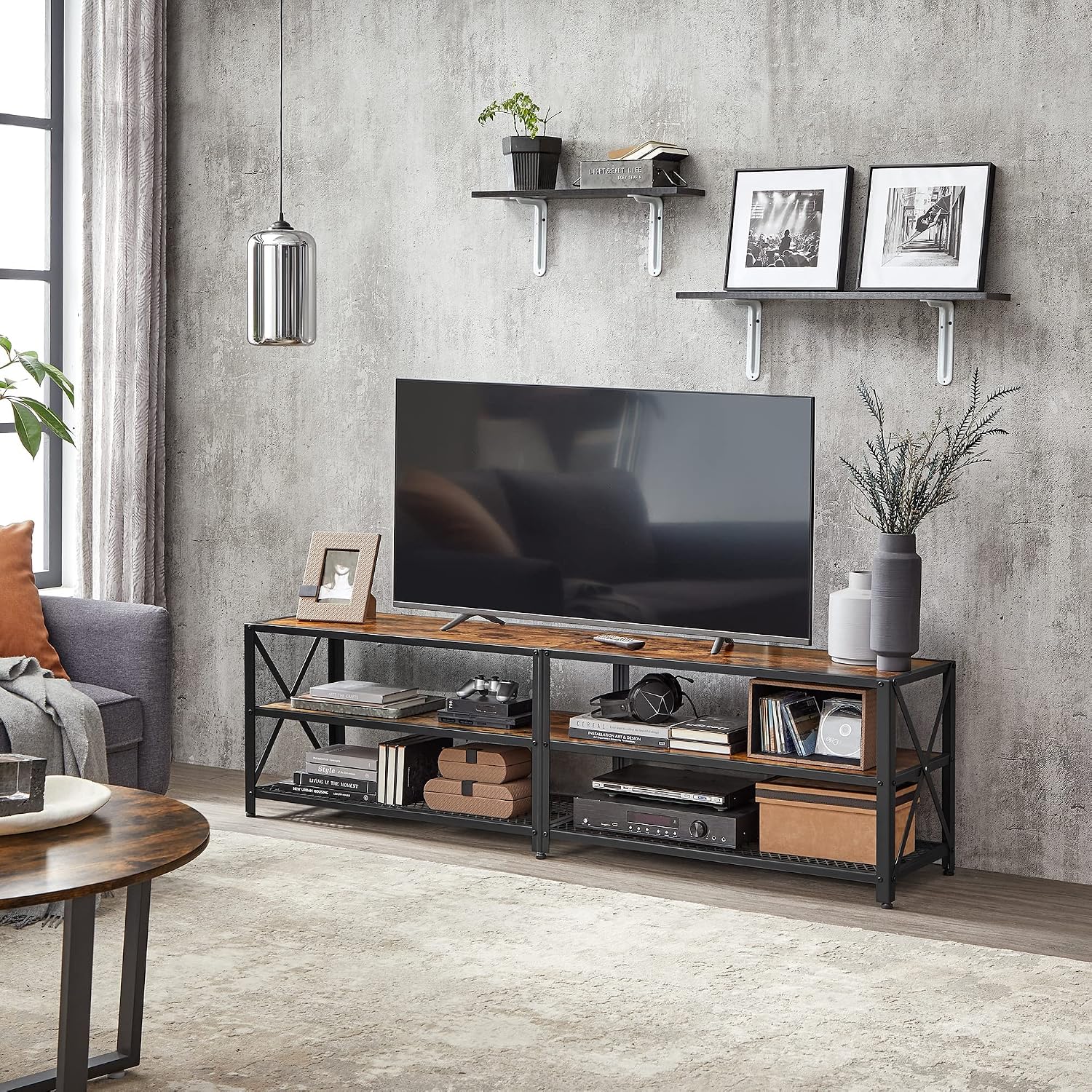 Detalle de VASAGLE DAXTON LTV096B01 – szafka RTV 178 cm, stalowa rama i półki