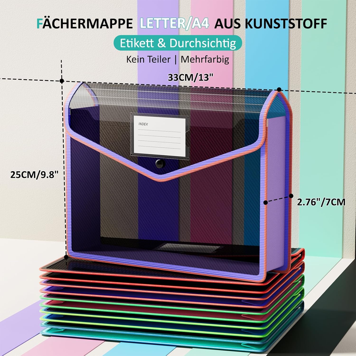 Thumbnail 1 de ThinkTex 5er-Set A4-Dokumentenmappen mit Stoffrand, erweiterbar & Druckknopf (5 Farben – Schwarz)