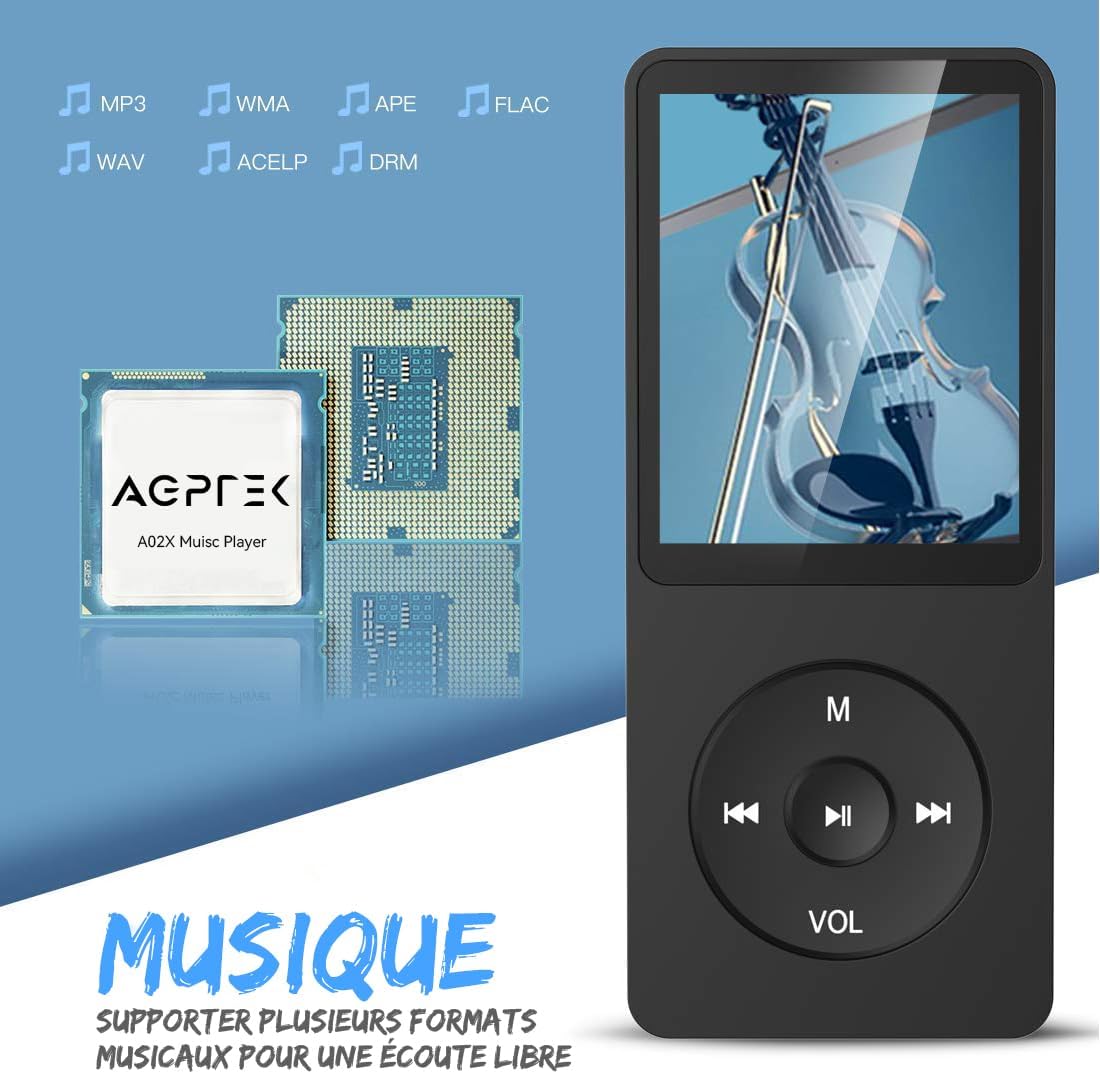 Thumbnail 1 de AGPTEK lecteur MP3 classique 32 Go avec écran 1,8”, radio FM et haut-parleur intégré (extension microSD jusqu’à 128 Go) – Noir