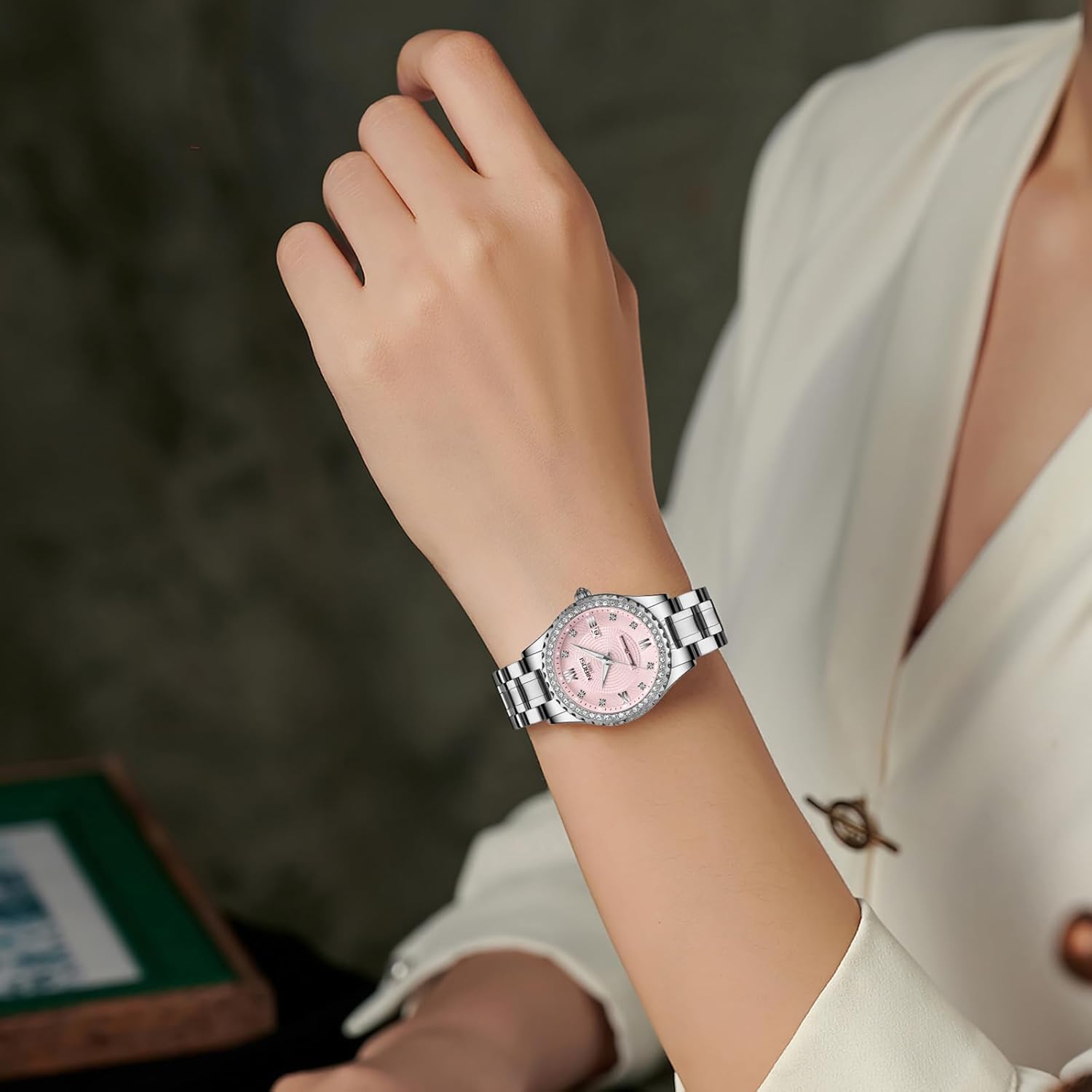 Thumbnail 6 de NIBOSI Armbanduhr Damen Analog Quarz mit Mineralglas und Roségold-Diamant-Zifferblatt