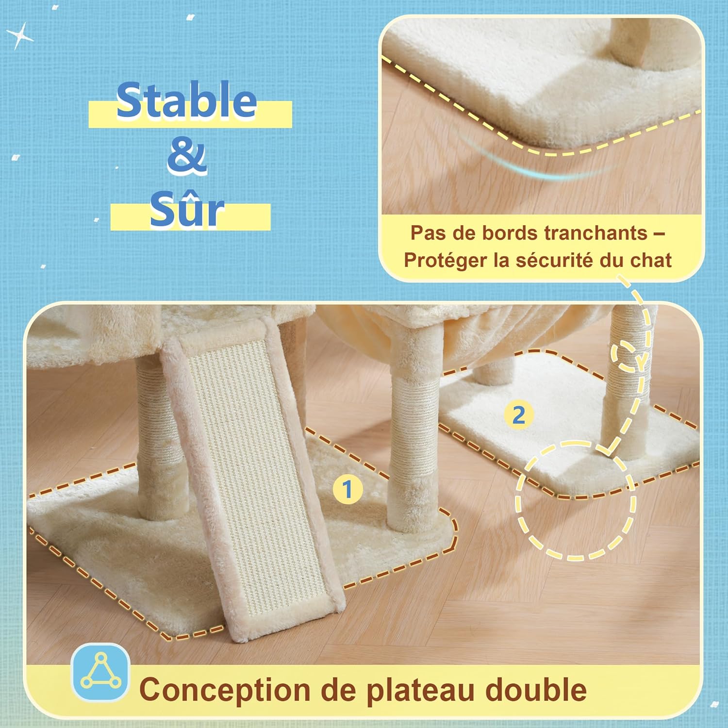 Thumbnail 5 de Hey-brother Arbre à Chat – Tour de Jeu avec grande plateforme et 2 niches (MPJ071M) – Beige