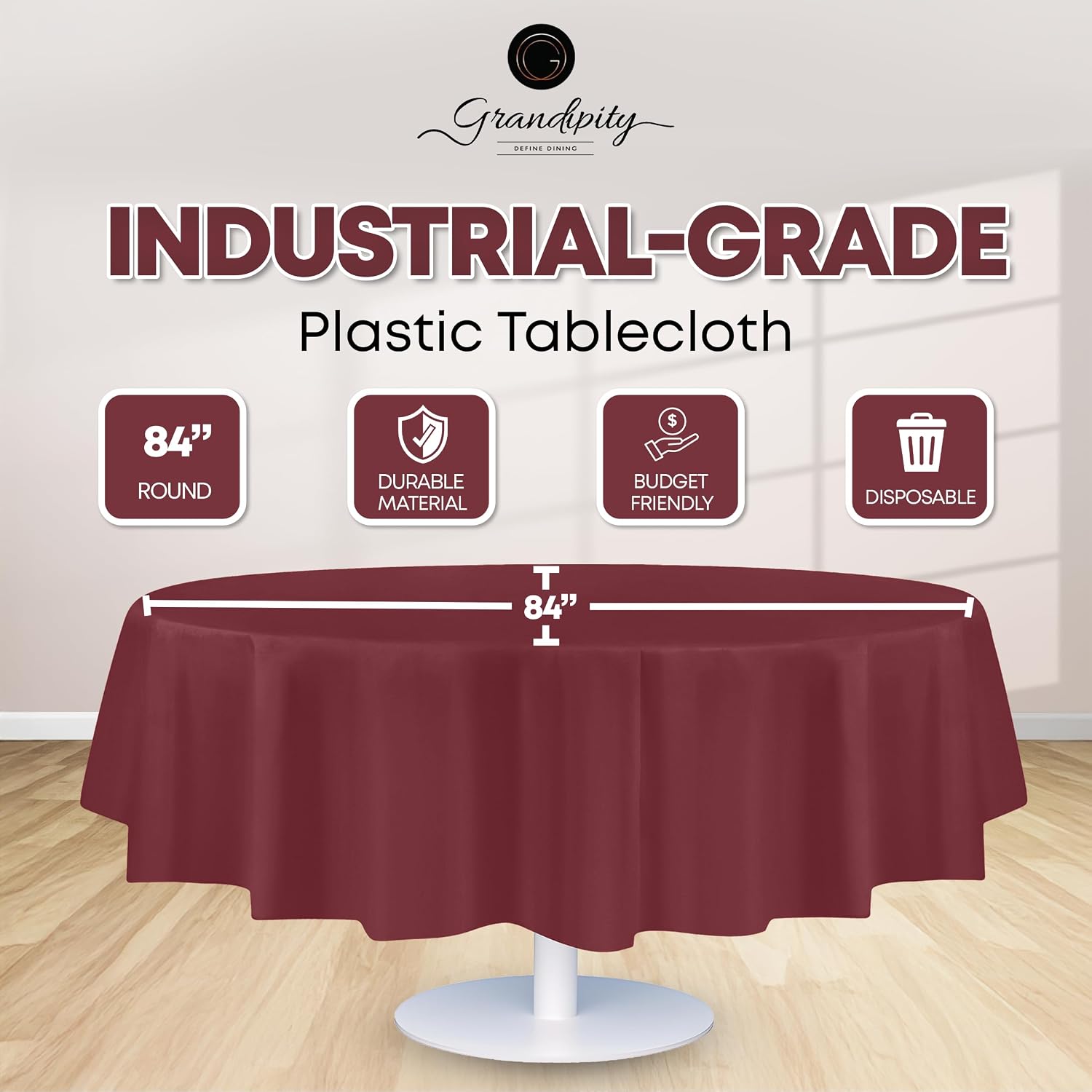 Detalle 2 de Grandipity High-Quality Plastic Tablecloth, 54 in x 108 in, Burgundy (Rectangular), Pack of 6 or 12