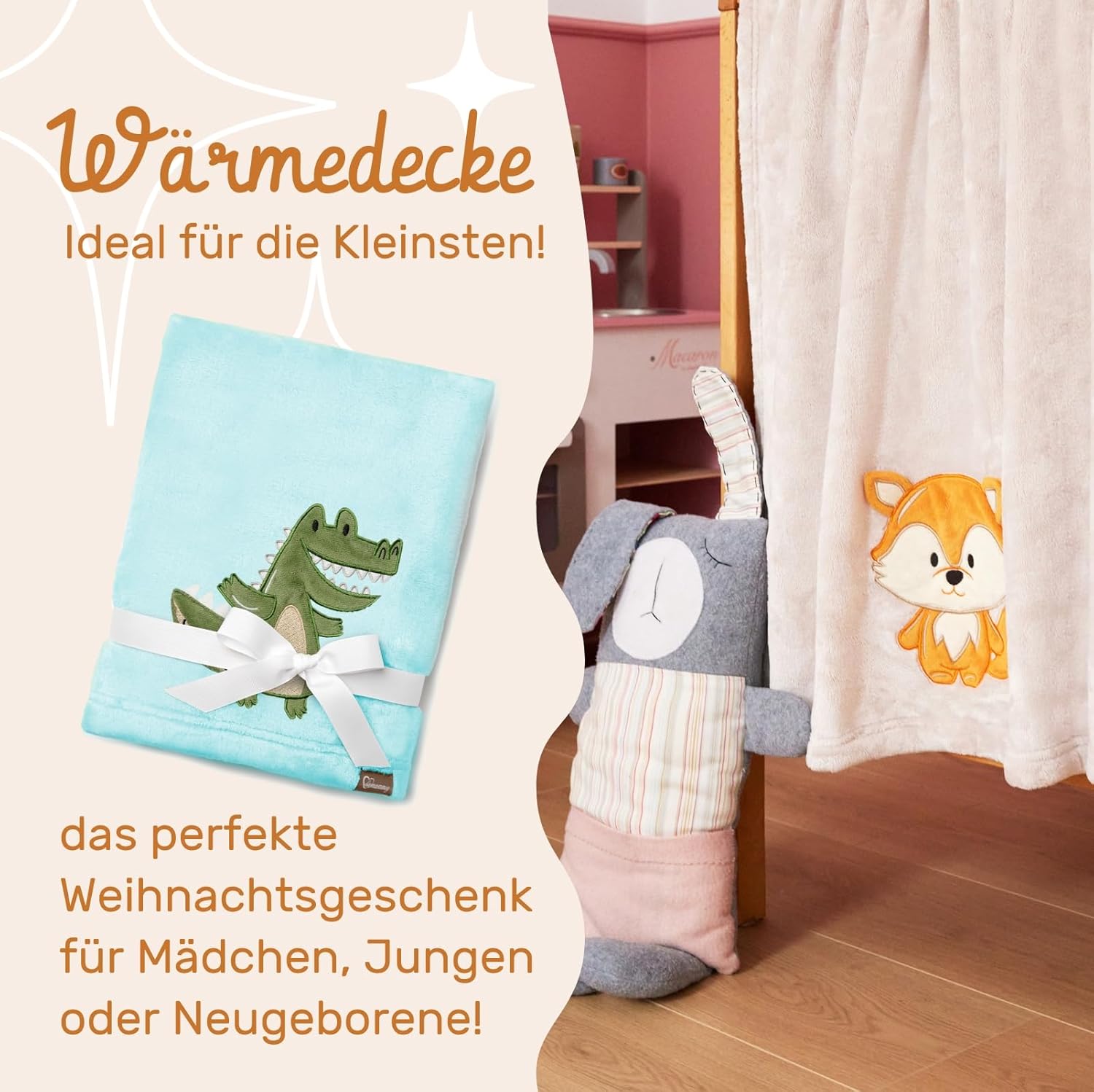 Thumbnail 2 de Be Mammy Coperta calda per bambini con peluche e riproduzione 3D (Blu Polvere - Coccodrillo)
