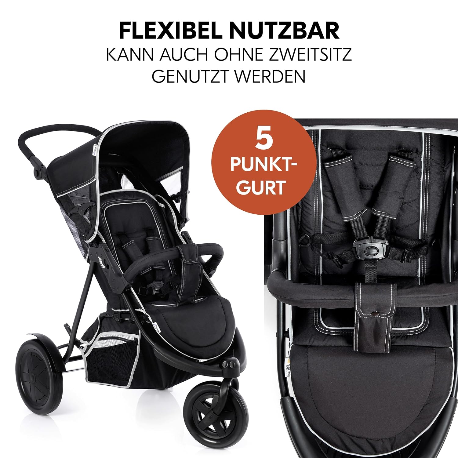 Detalle de hauck Dreirad Geschwisterbuggy Freerider Black –-zweifach flexibel für Baby ab Geburt und Kleinkind bis ca. 3 Jahre