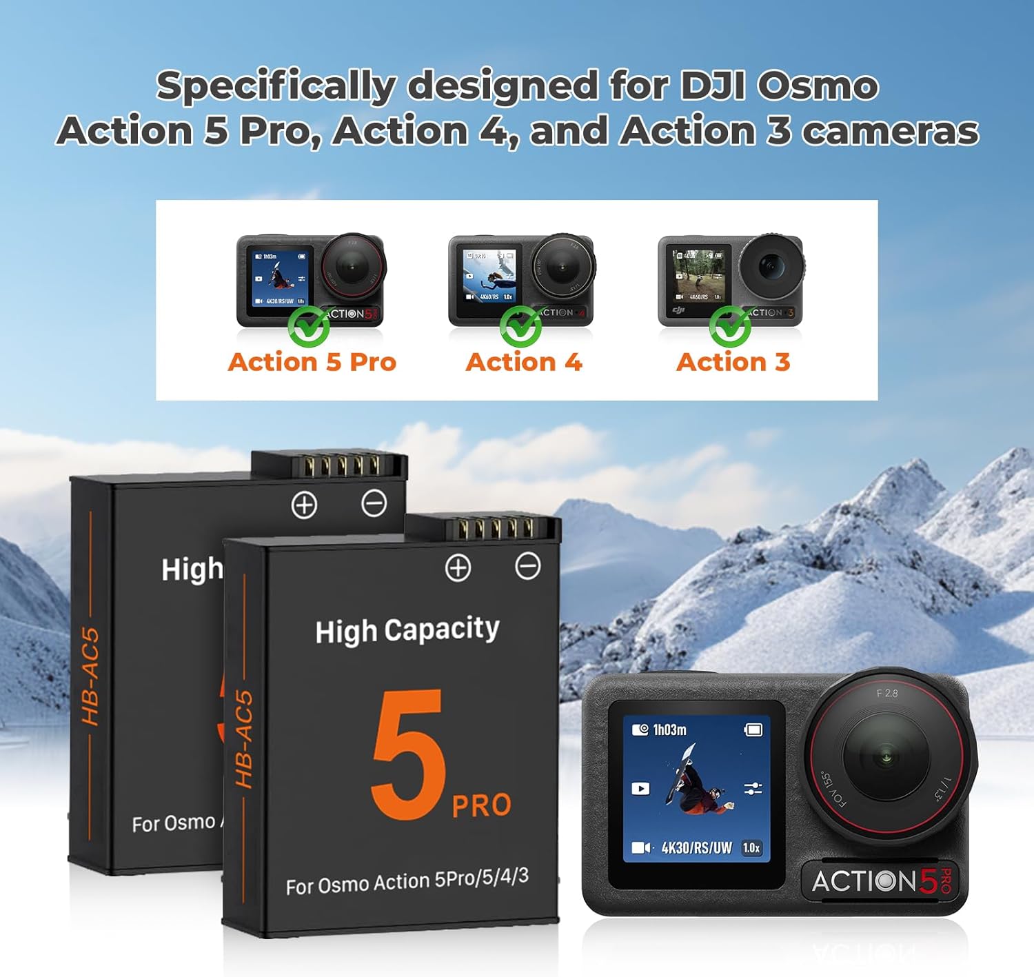 Detalle de TQTHL Osmo Action 5 Pro / 4 / 3 Battery Charger Kit (2 x 2800mAh) for Osmo Action Cameras