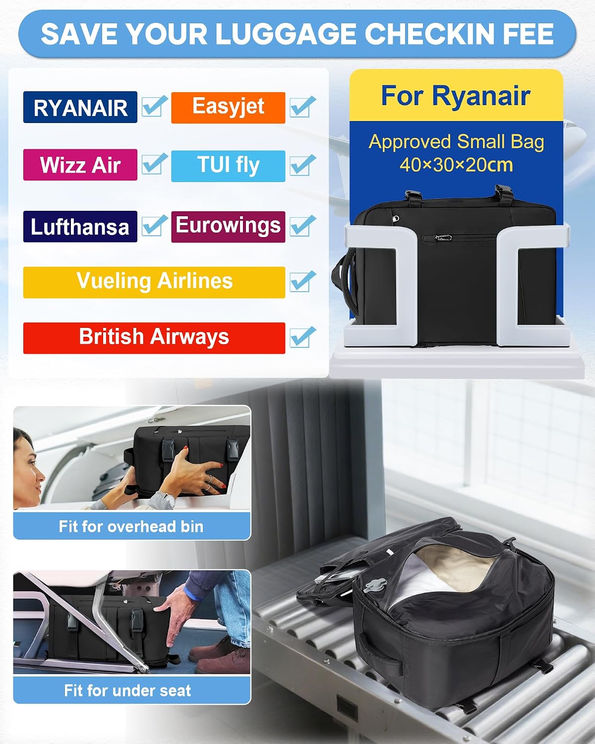 Detalle de BJLFS Zaino Ryanair 40x30x20 sottovuoto con pompa, comparto laptop e tasca impermeabile