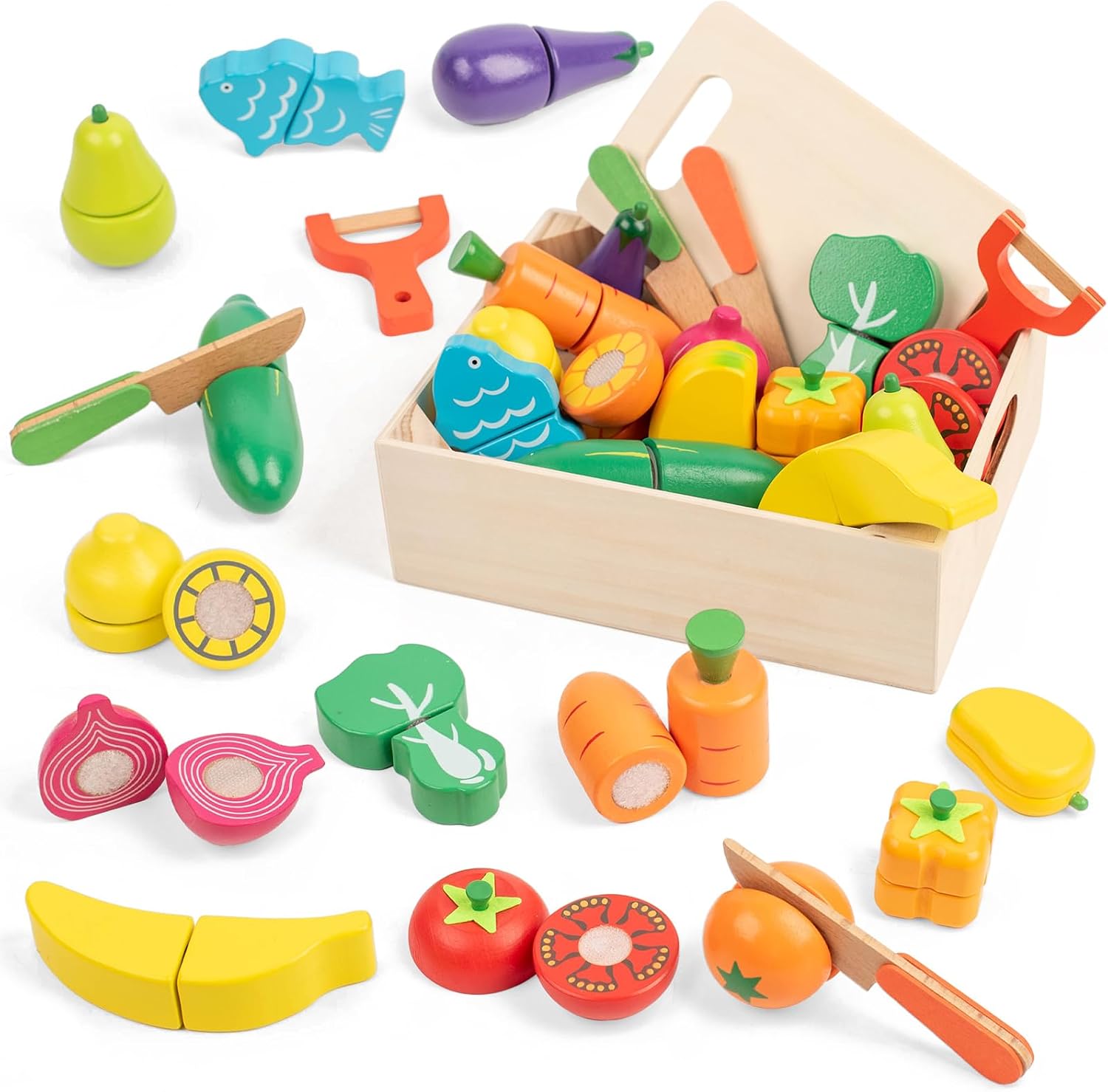 Detalle de FMSKS Wooden Play Food – A colourful, Velcro-cut fruit set for imaginative play