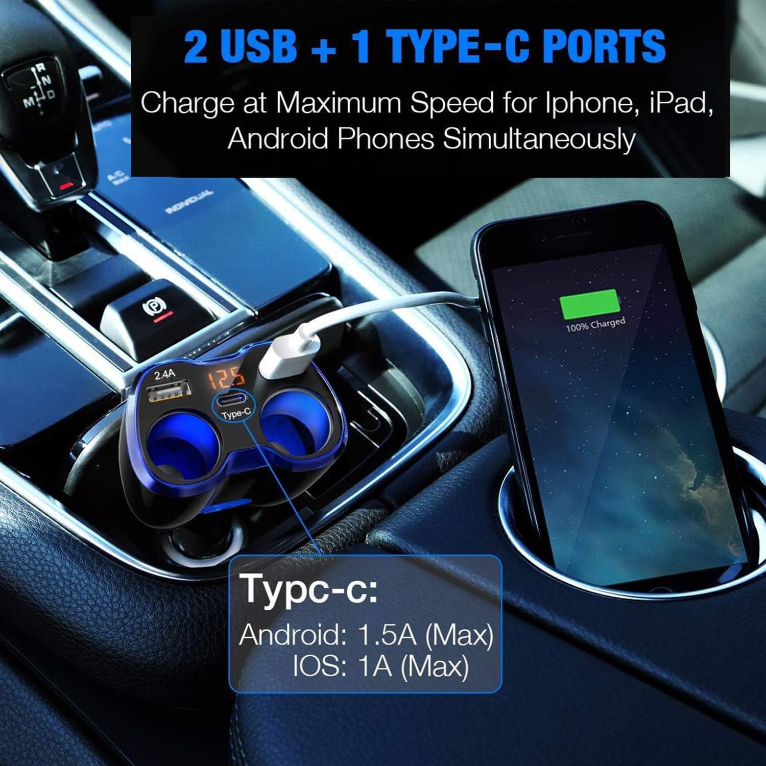 Detalle 2 de Car Charger 120W with Dual USB and Type‑C 🔌