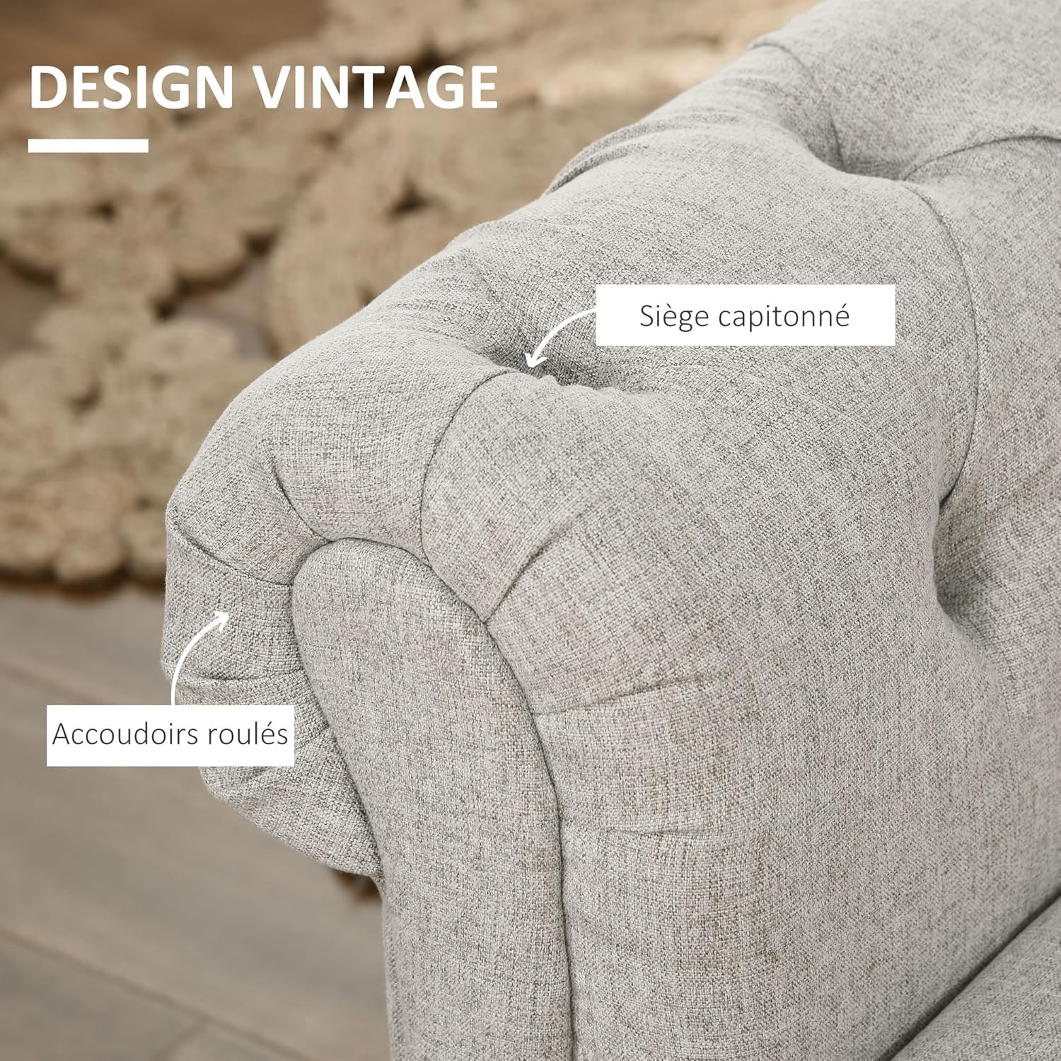 Thumbnail 5 de HOMCOM banc de rangement 146,5 x 49 x 72 cm avec coffre en tissu aspect lin et pieds en bois, gris