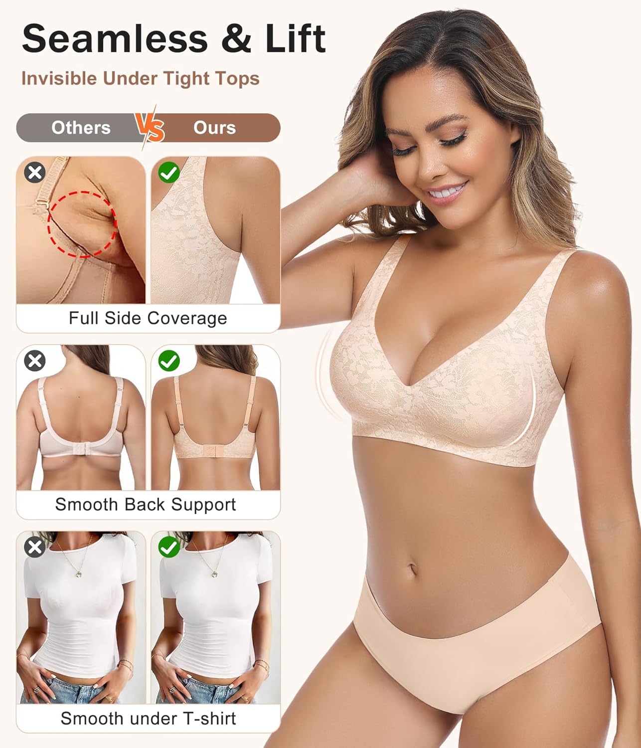 Detalle de Wiepux Push Up Soutien-Gorge sans Armature Deep V Floral Dentelle — Confort et Décolleté Plongeant