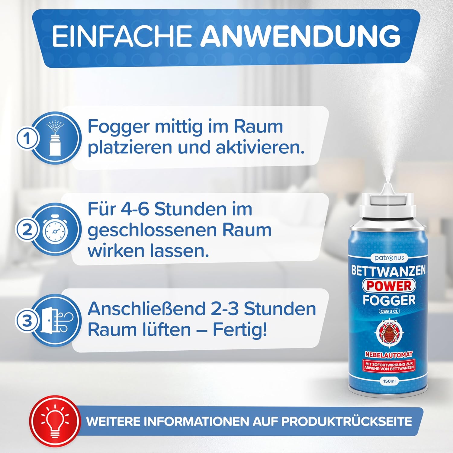 Thumbnail 4 de Patronus Bettwanzen Power Fogger – 2x 150 ml: Efektiver Nebelspender gegen Bettwanzen, Made in Germany