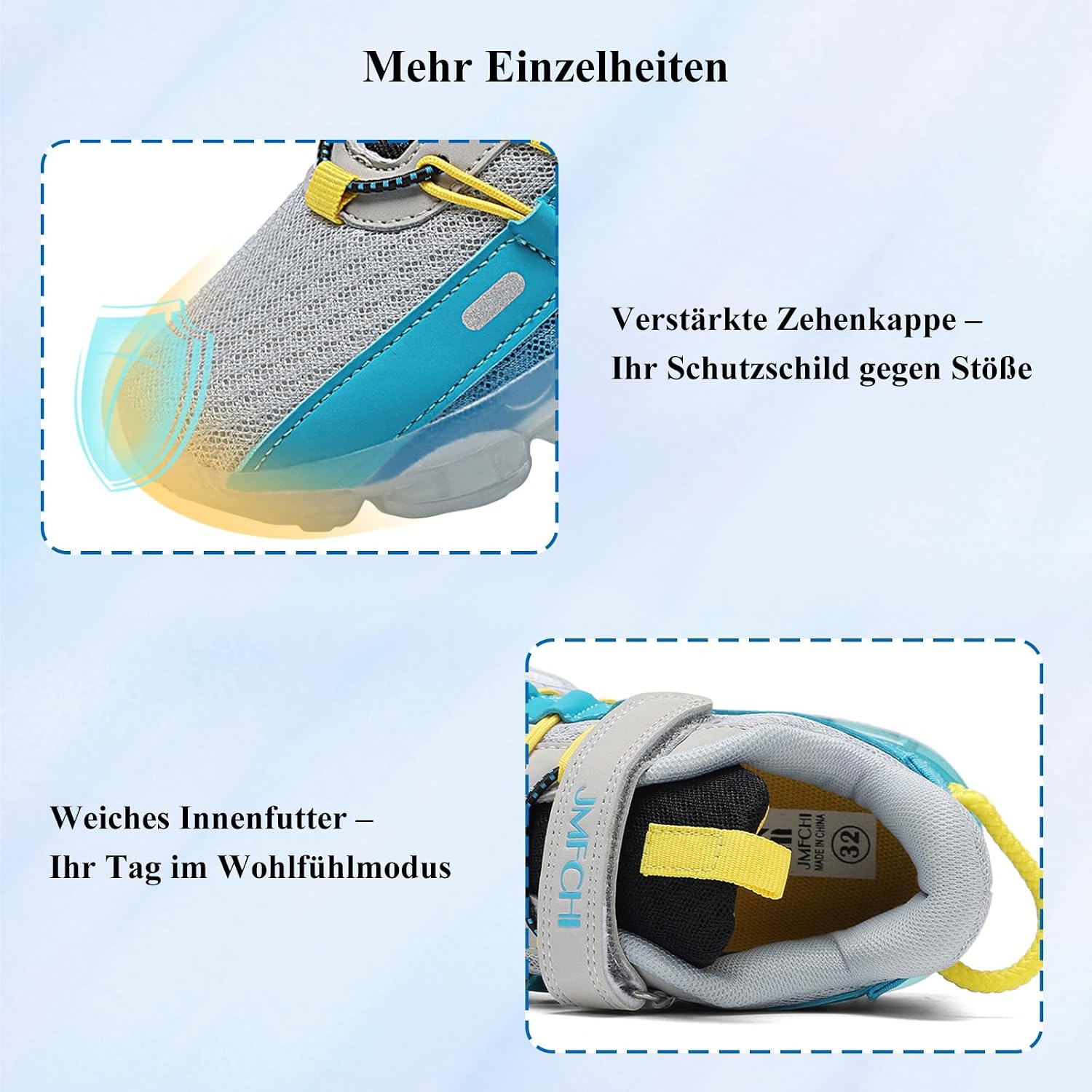 Detalle 2 de JMFCHI Kinder Turnschuhe – Atmungsaktive Sneaker mit Klettverschluss, rutschfeste und stossgedämpfte Sohle