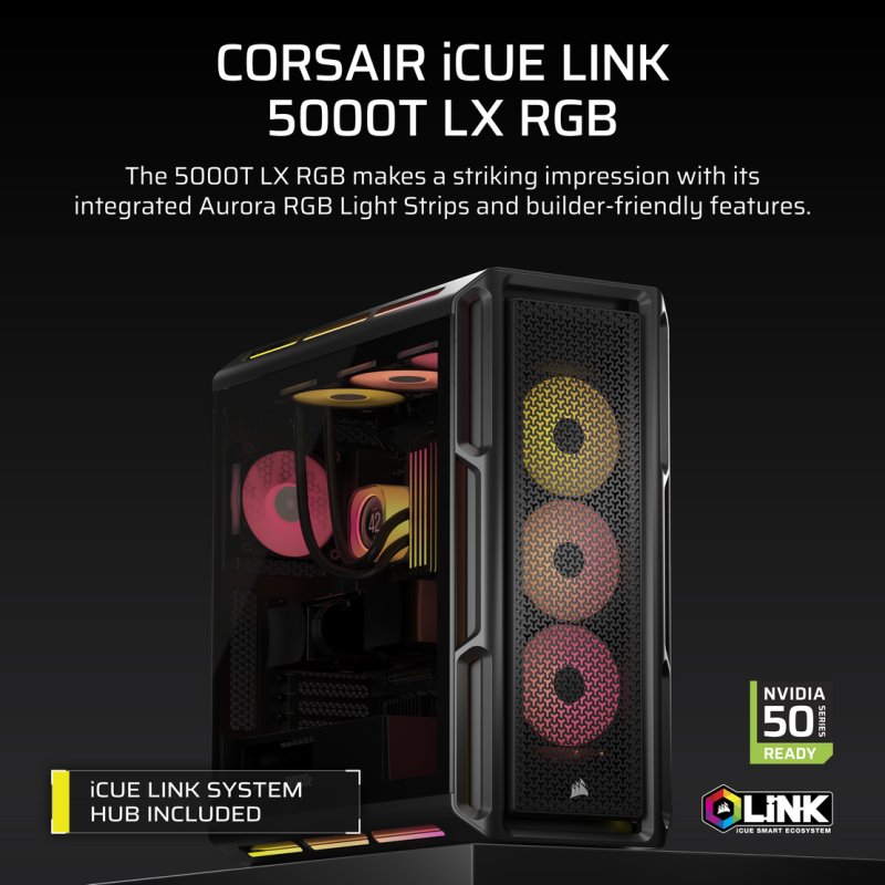 Detalle 2 de Corsair iCUE LINK 5000T LX RGB – Torre media ATX/EATX con cristal templado y USB-C