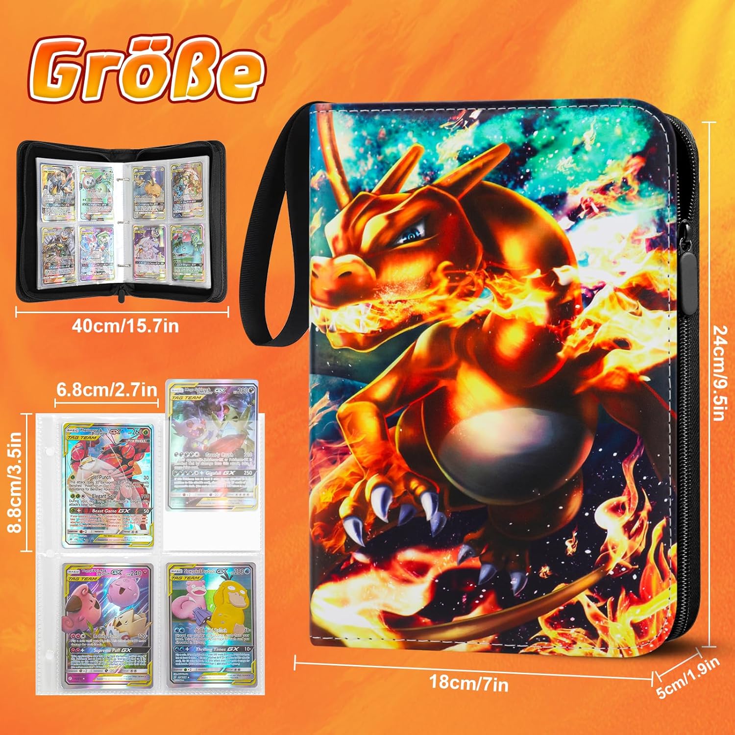 Thumbnail 1 de LYAILOOGXL Pokémon Sammelalbum 400 Karten – Glurak-Design, wasserdichtes PU-Leder, 50 Hüllen (4 Fächer pro Seite), PVC-frei