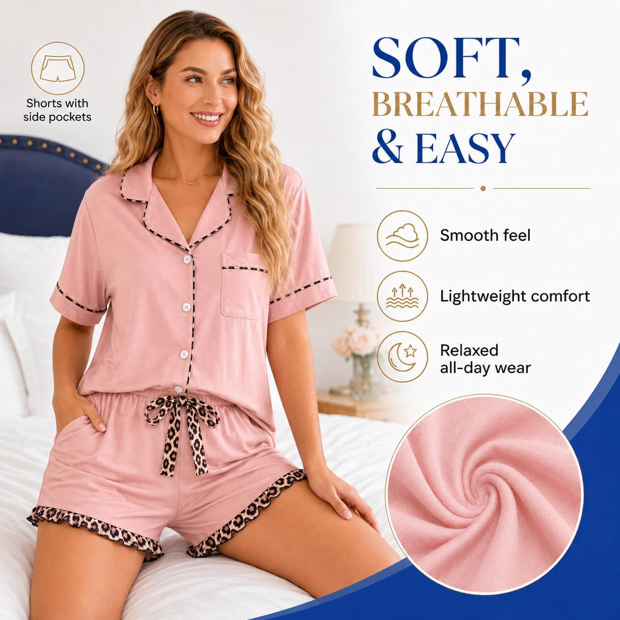 Detalle 2 de RONGTAI AJ428D000 Women's Pajama Set with Button-Down Top, Shorts and Side Pockets