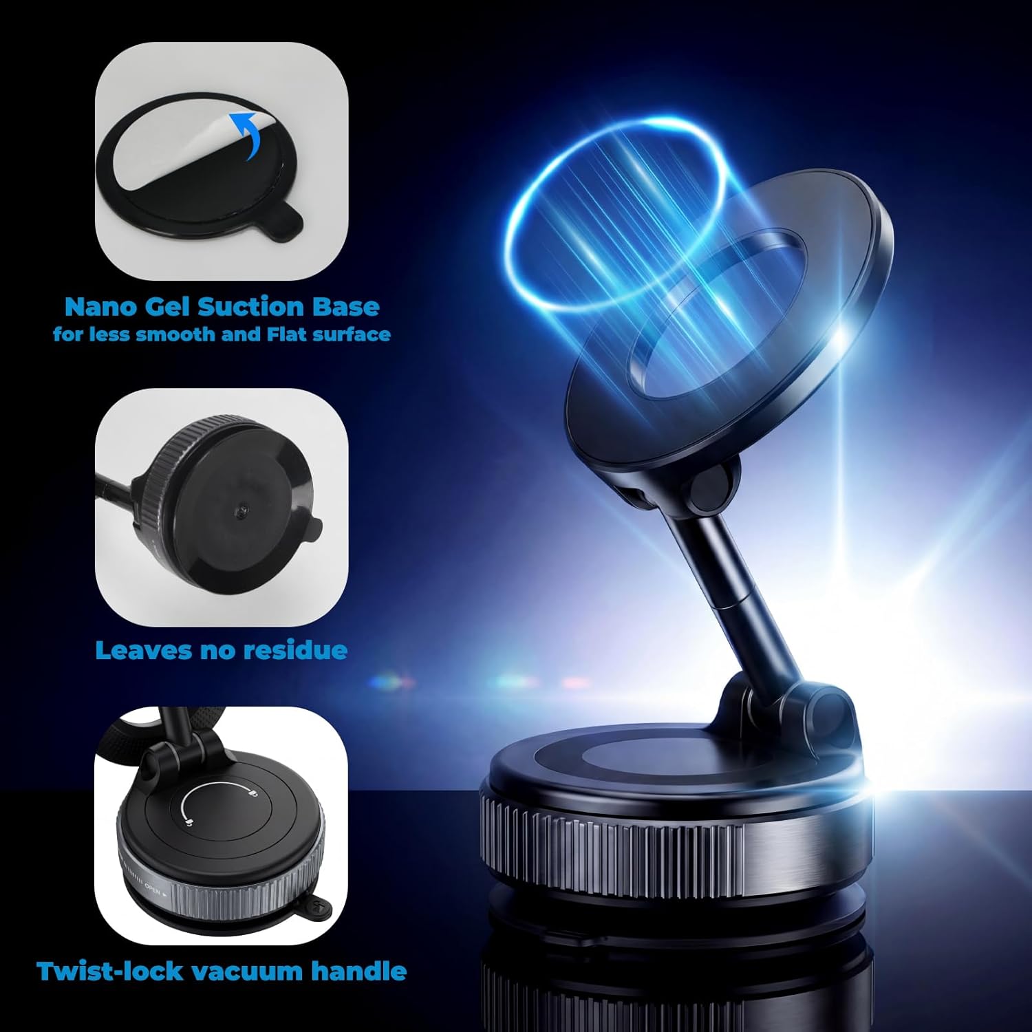 Detalle de Hoikwo Car Phone Holder – 360° Rotatable, Foldable Vacuum Magnetic Mount for Cars
