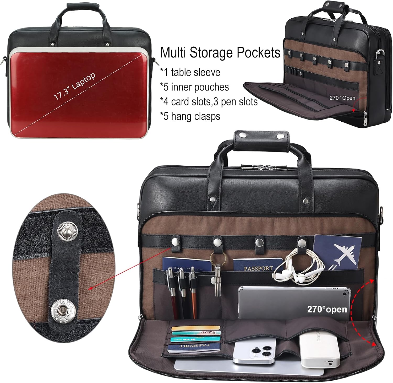 Thumbnail 3 de TIDING Men’s Leather Briefcase for 17 Inch Laptop (Calfskin, 17.7"), Black