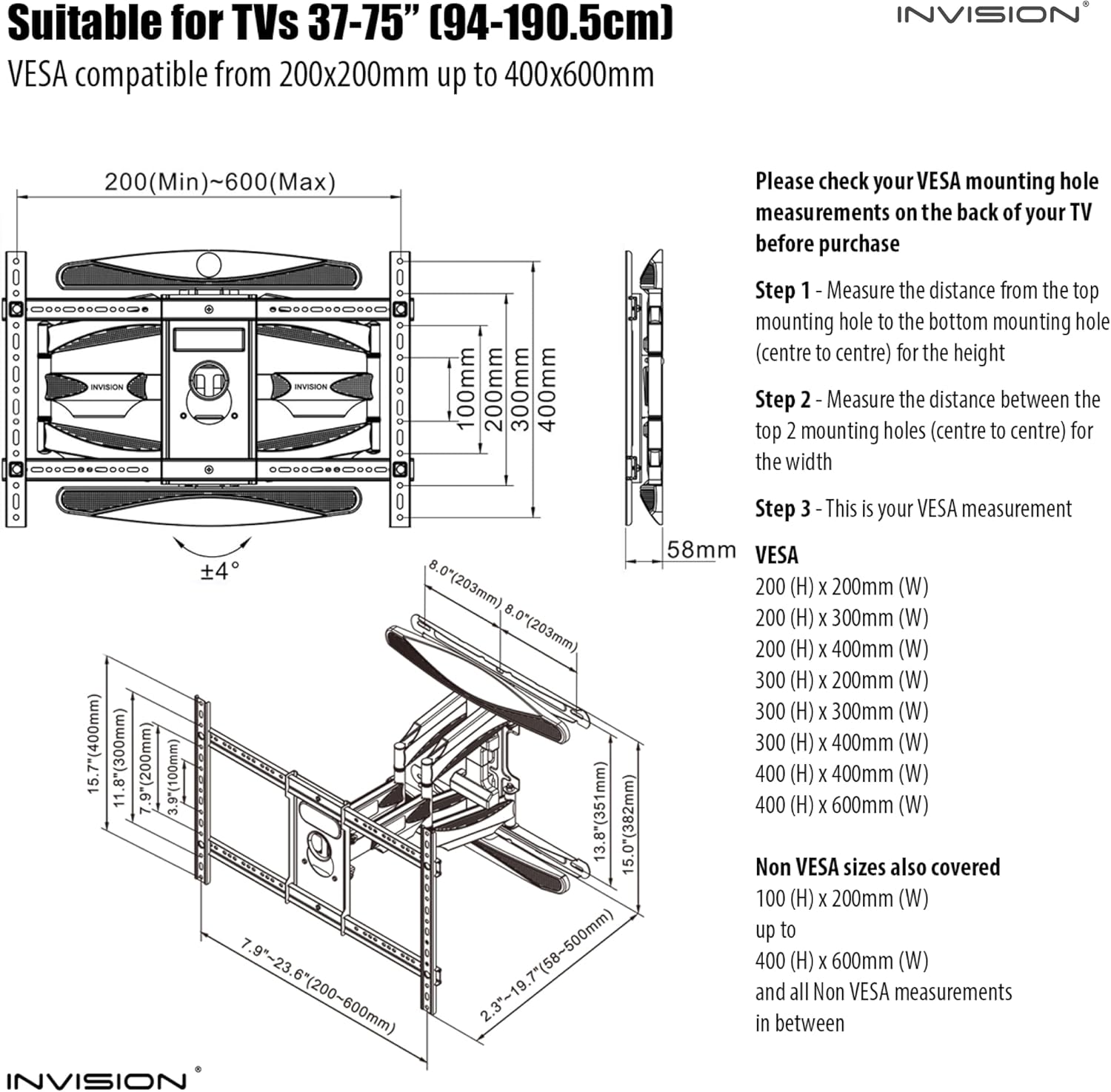 Thumbnail 5 de Invision Ultra Strong TV Wall Bracket Mount Double Arm 〉 94-190.5cm