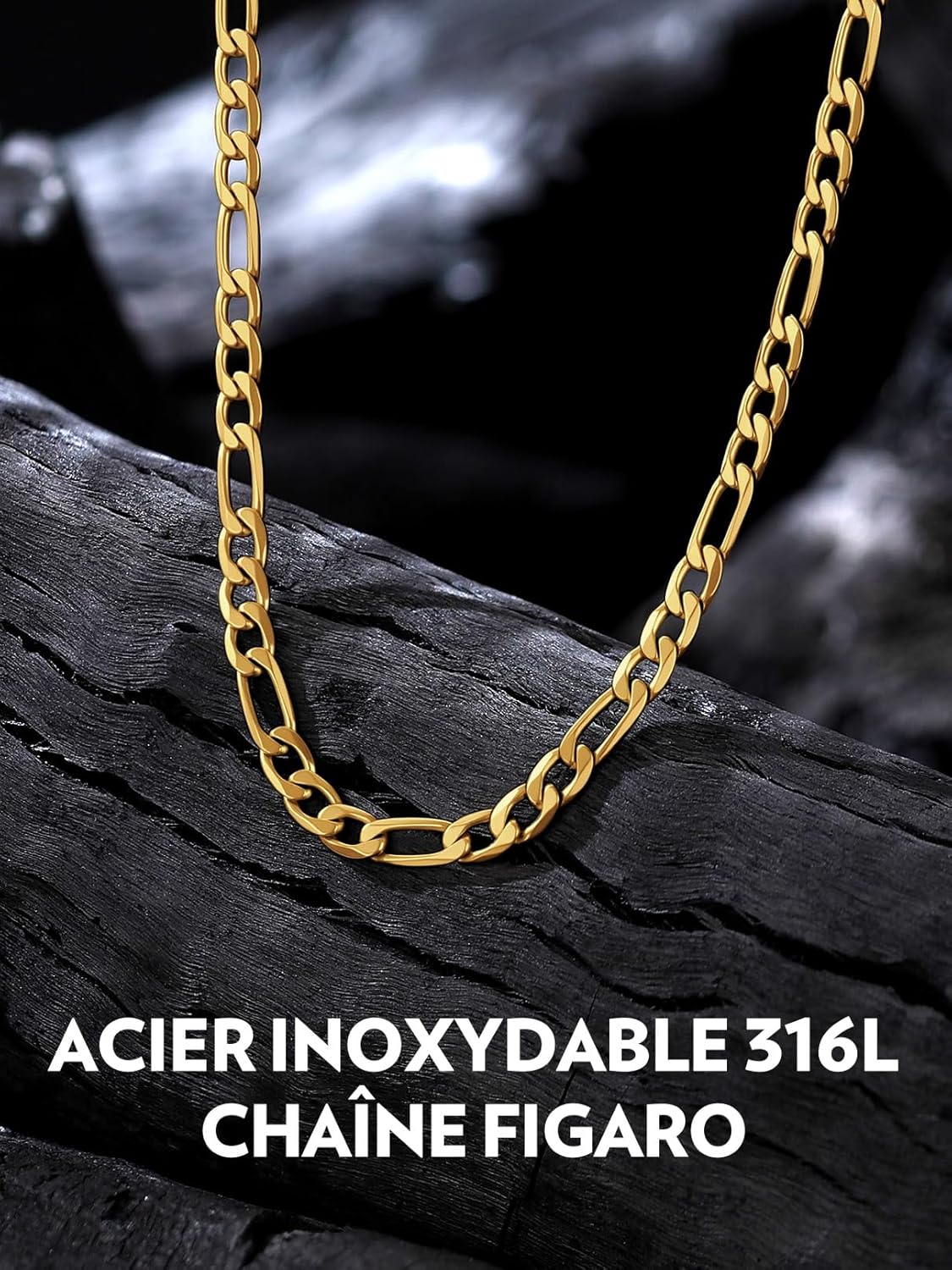 Detalle de Chaîne Figaro Bandmax acier inoxydable 316L & plaqué or 18 carats, mailles alternées 4/6/9 mm (collier homme femme)
