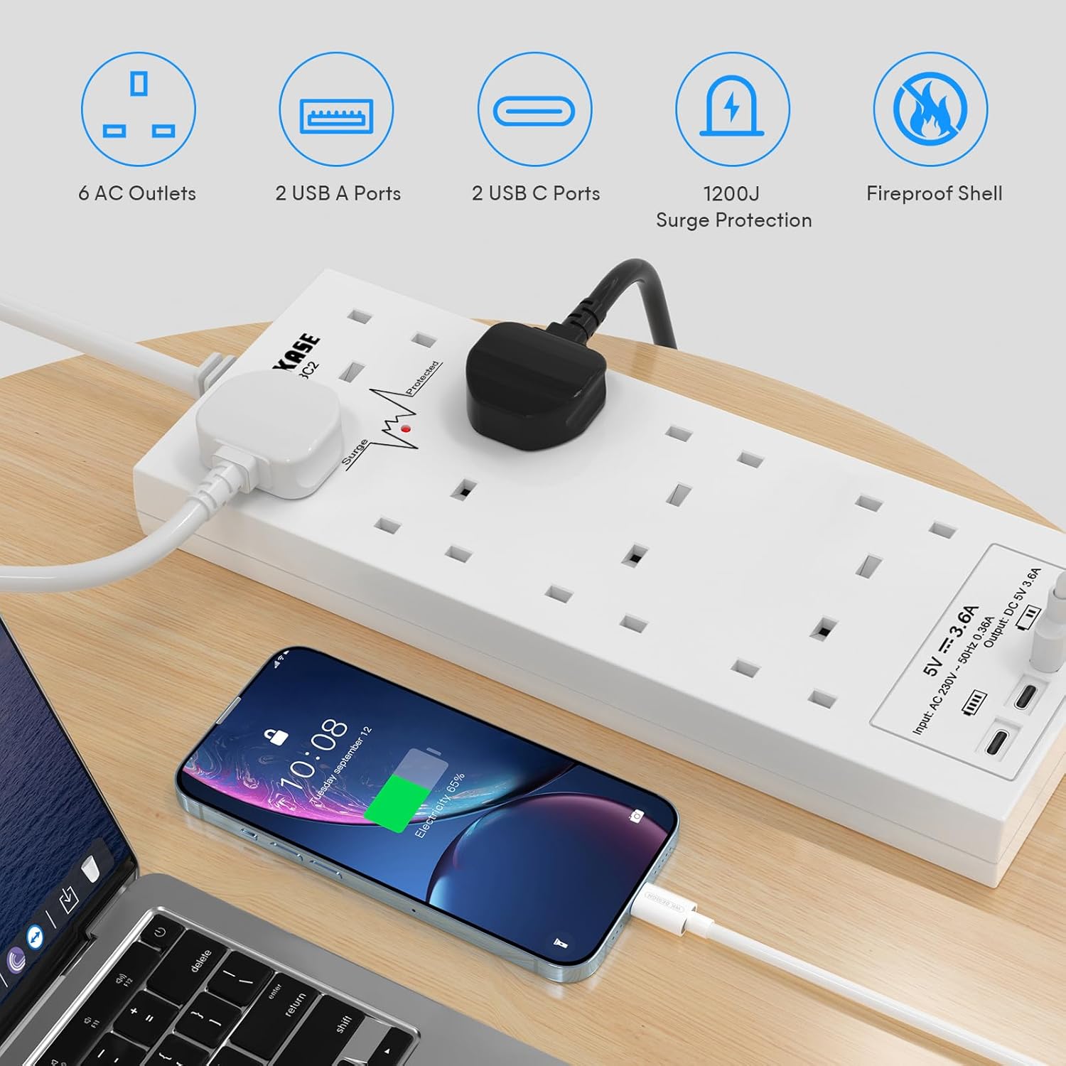 Thumbnail 1 de USB Extension Lead with 8-way Socket Surge Protection and 2m Cable (4× USB: 2C+2A)