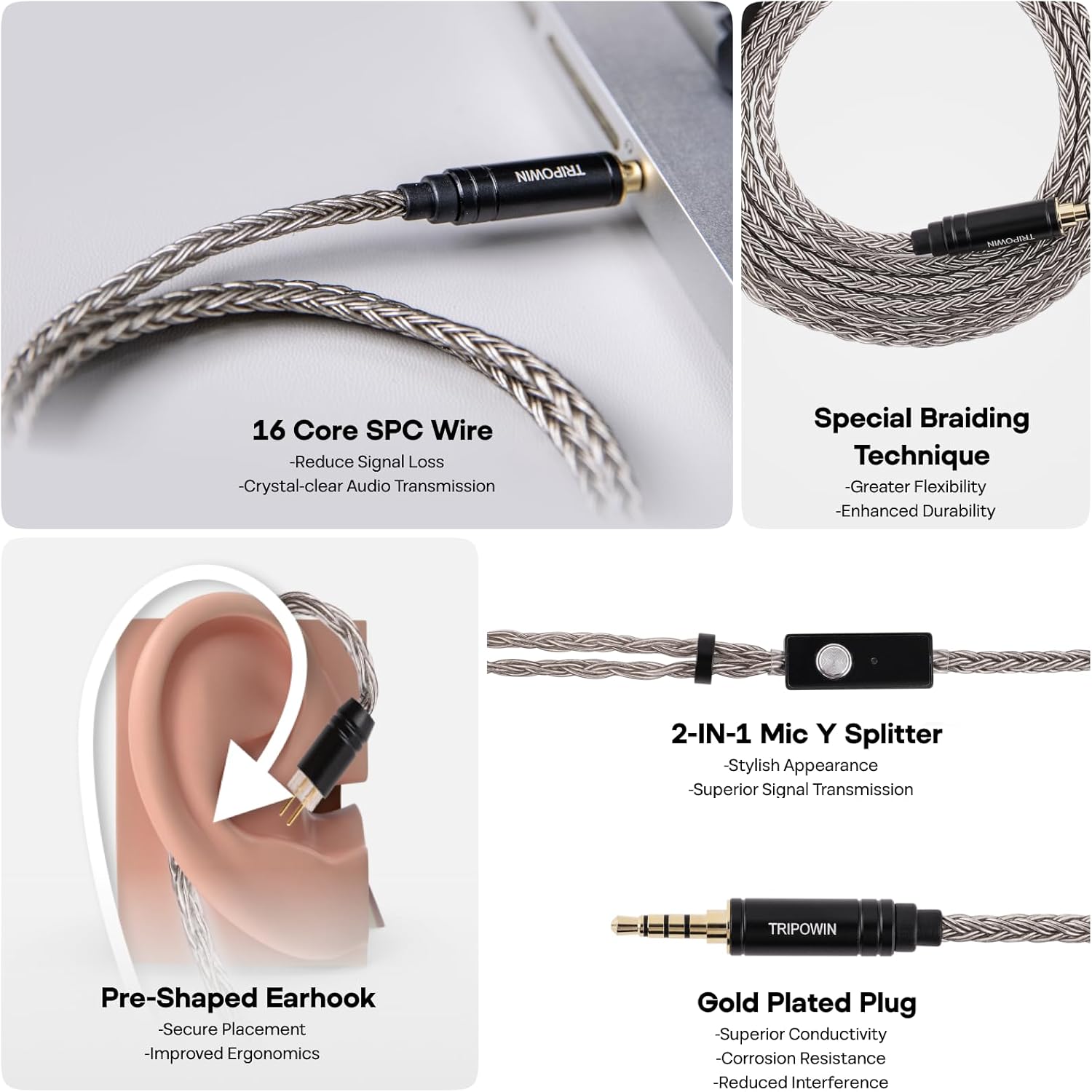 Thumbnail 3 de Linsoul Tripowin Zonie – Câble d’écouteur HiFi avec Omni Mic et SPC argenté 16 fils