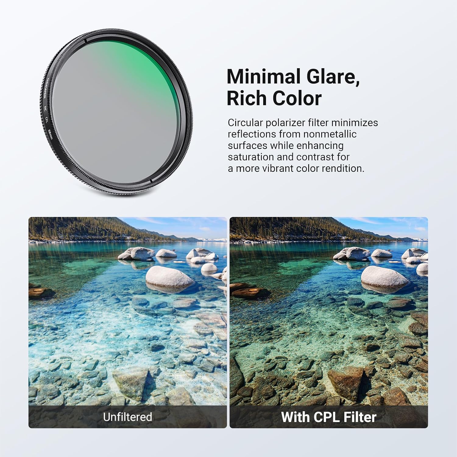Detalle de NEEWER 58mm Variable ND + CPL + UV Filter Kit (3 Pack) for 58mm Lenses