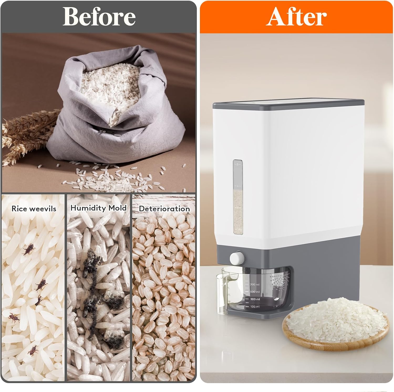 Thumbnail 3 de Lifewit Rice Dispenser 25 Lbs (11.3 kg) Airtight Rice Storage Container (Grey) with Measuring Cup