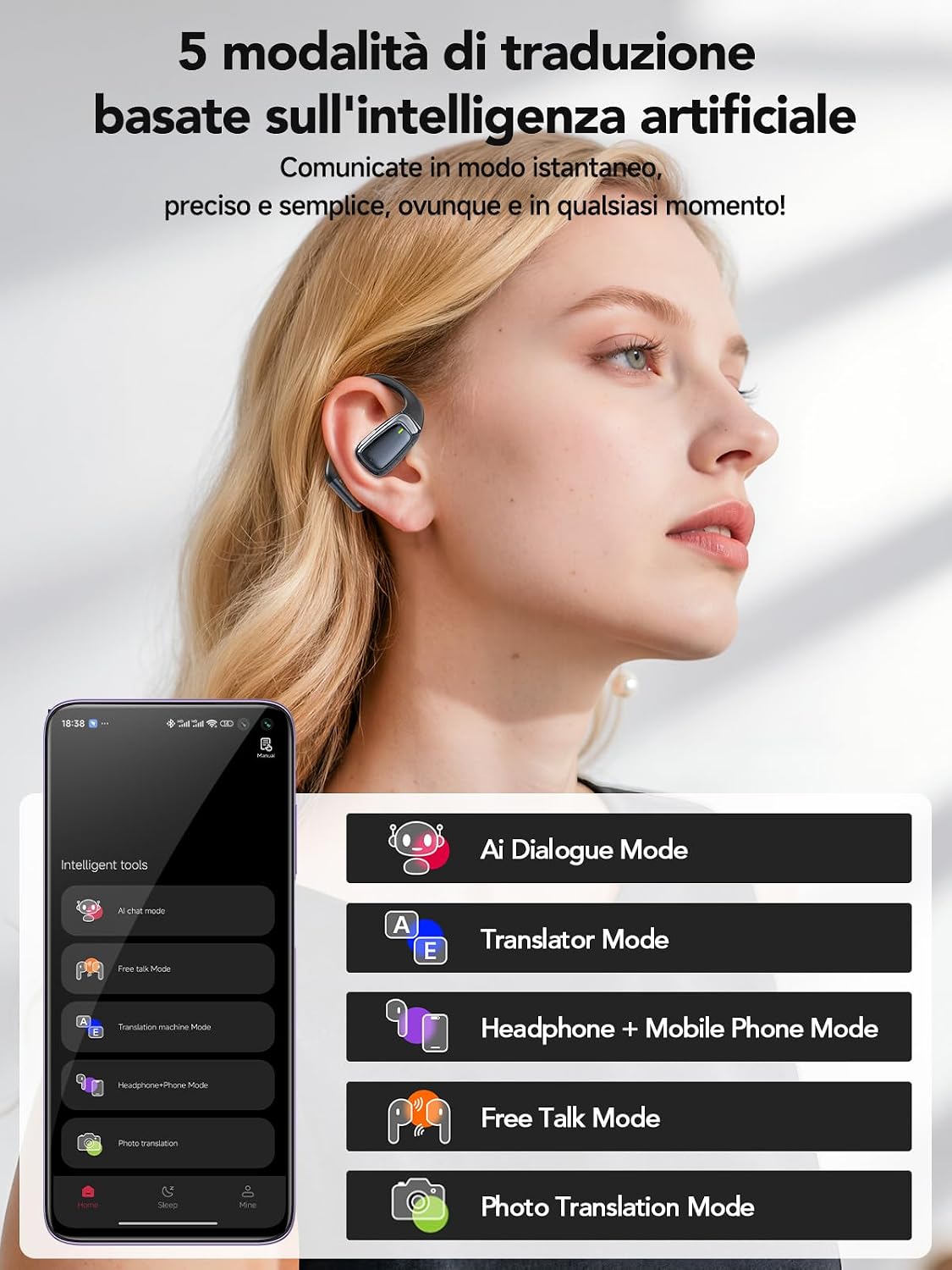 Detalle 2 de AI Cuffie Traduzione Simultanea 3-in-1: Auricolari Bluetooth 5.4 con 134 lingue, ENC e 60 ore di autonomia