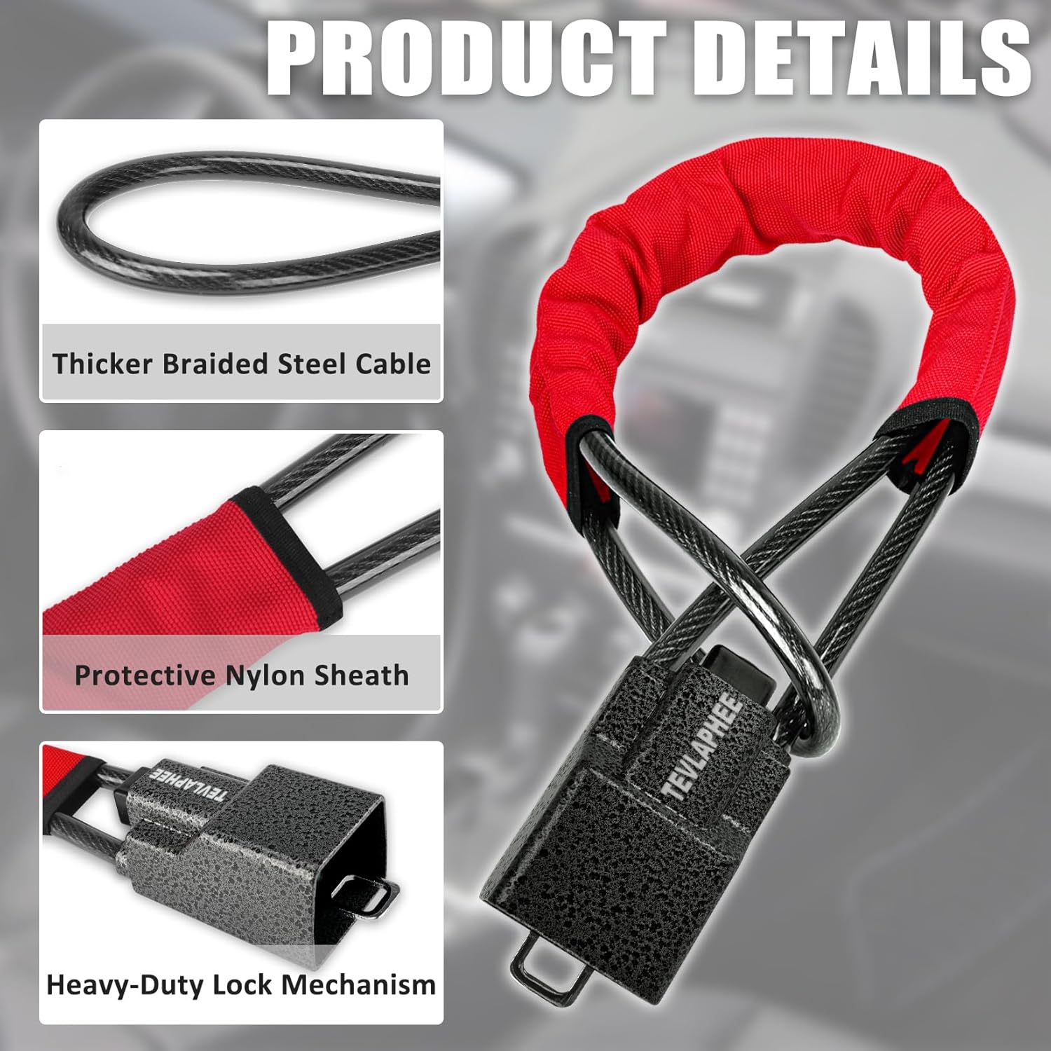 Thumbnail 3 de Tevlaphee Upgraded Steering Wheel Lock with Seat Belt Lock (Red, 3 Keys)