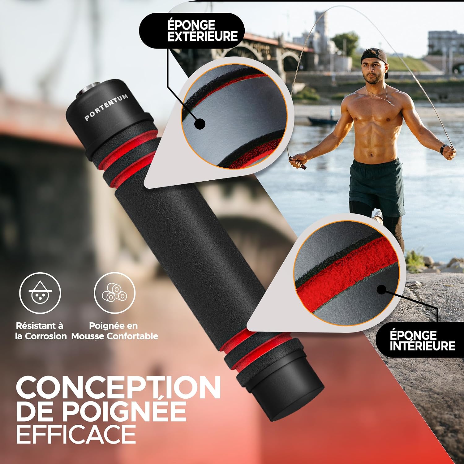 Detalle de PORTENTUM Corde à Sauter Sport 2,8 m — Robuste, réglable et fluide pour enfant et adulte