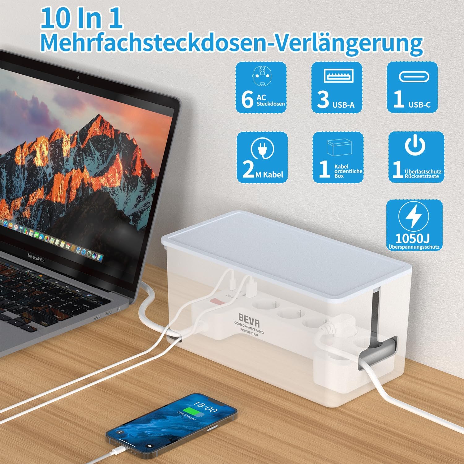 Detalle de Kabelbox mit versteckter Mehrfachsteckdose – 10-in-1, 3680W/16A, 1050J Überspannungsschutz, 2 m Kabel, 6 Steckdosen + 3 USB-A + 1 USB-C