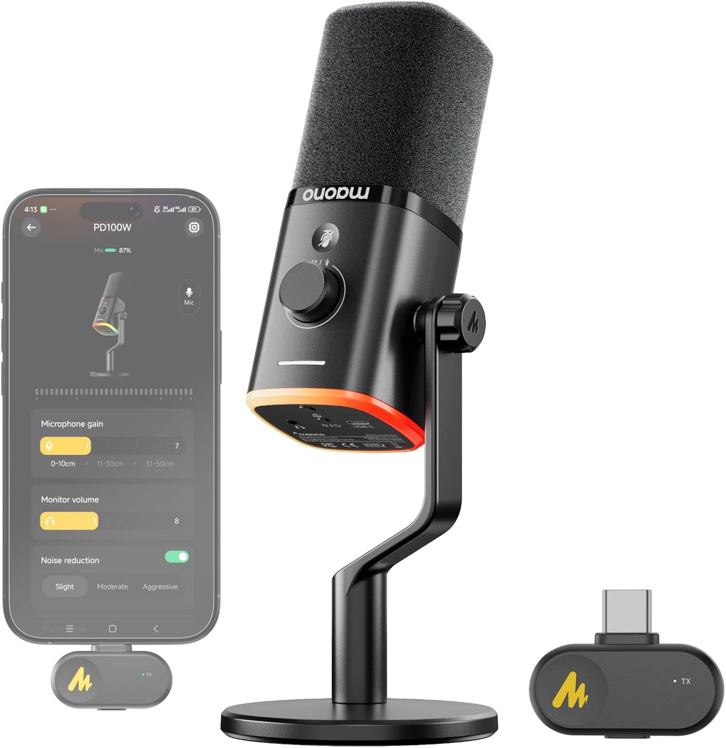 Detalle de MAONO PD100W Wireless Dynamic Gaming Microphone with USB-C, RGB and Noise Reduction
