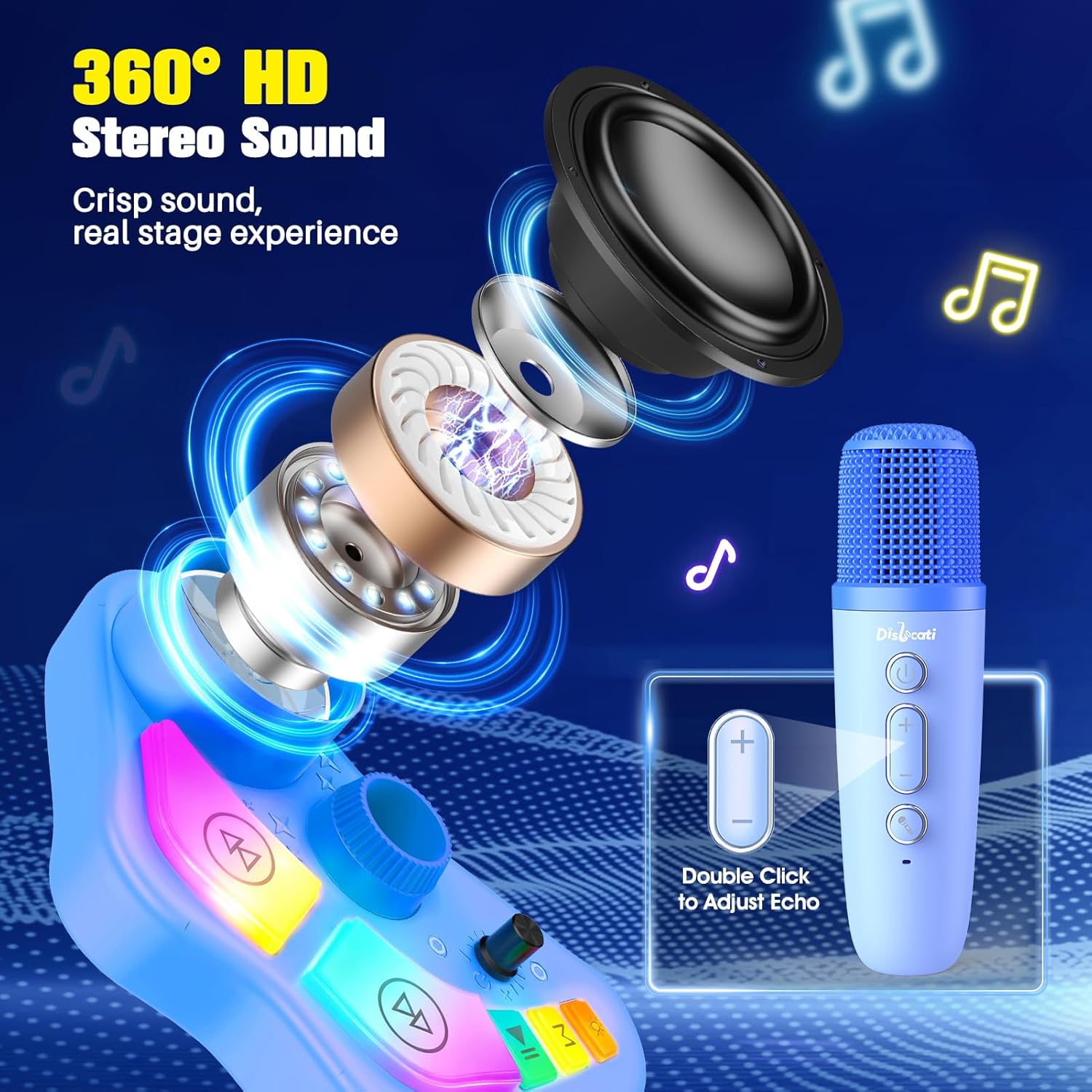 Thumbnail 2 de Karaoke Maschine mit zwei Mikrofonen für Kinder 3–12 Jahre – verstellbarer Mikrofonständer (47–108 cm) inkl. LED-Effekte