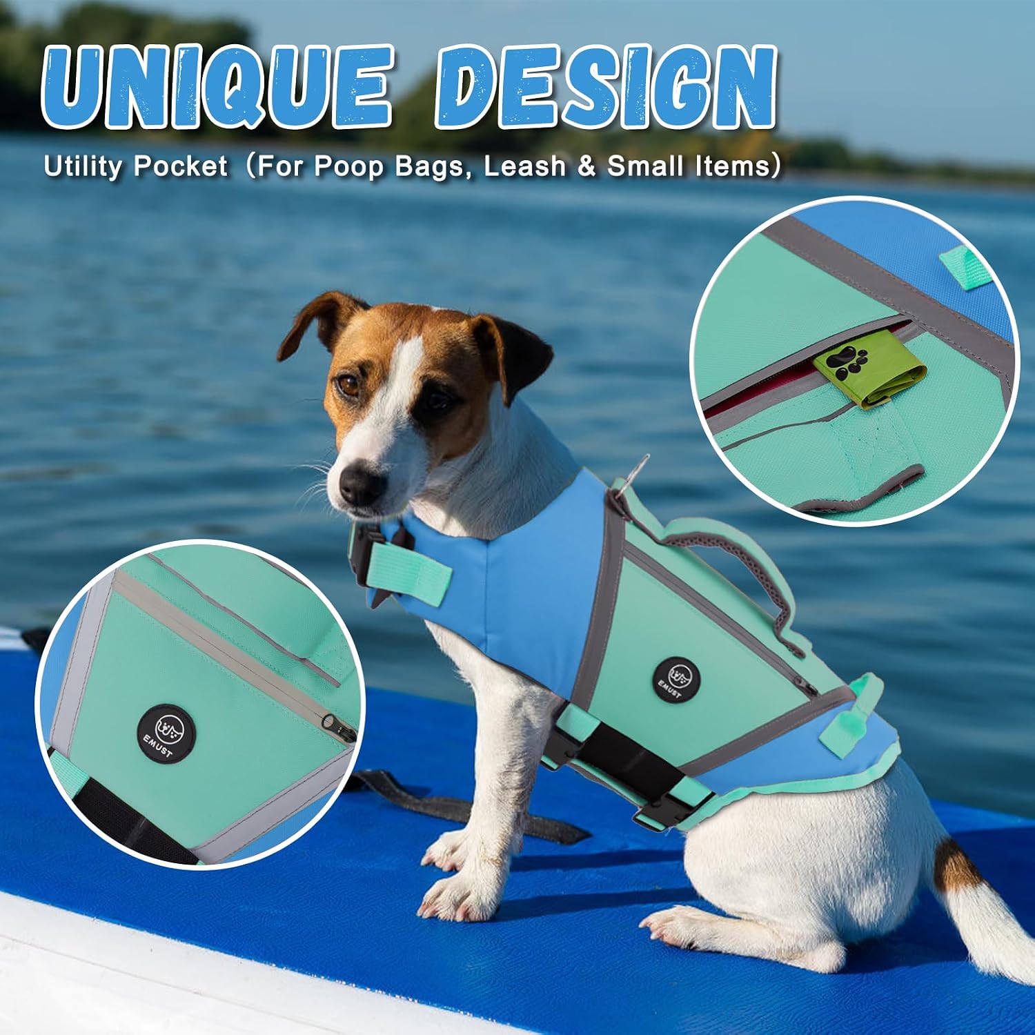 Detalle de EMUST Dog Life Vests: Lightweight Floating Vest with Pockets and Reflective Safety for Bulldogs, Dachshunds & More (Blue, XXL)