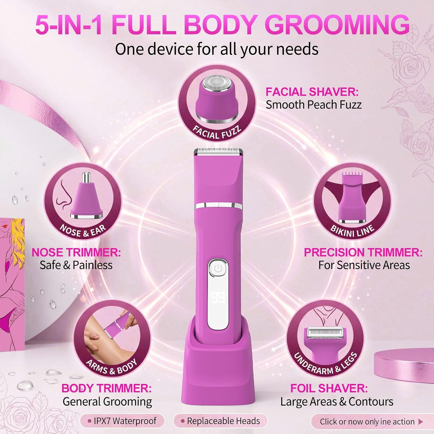 Detalle de KINGTEE L6D 5-in-1 Women's Trimmer, IPX7 Waterproof, Rose Pink