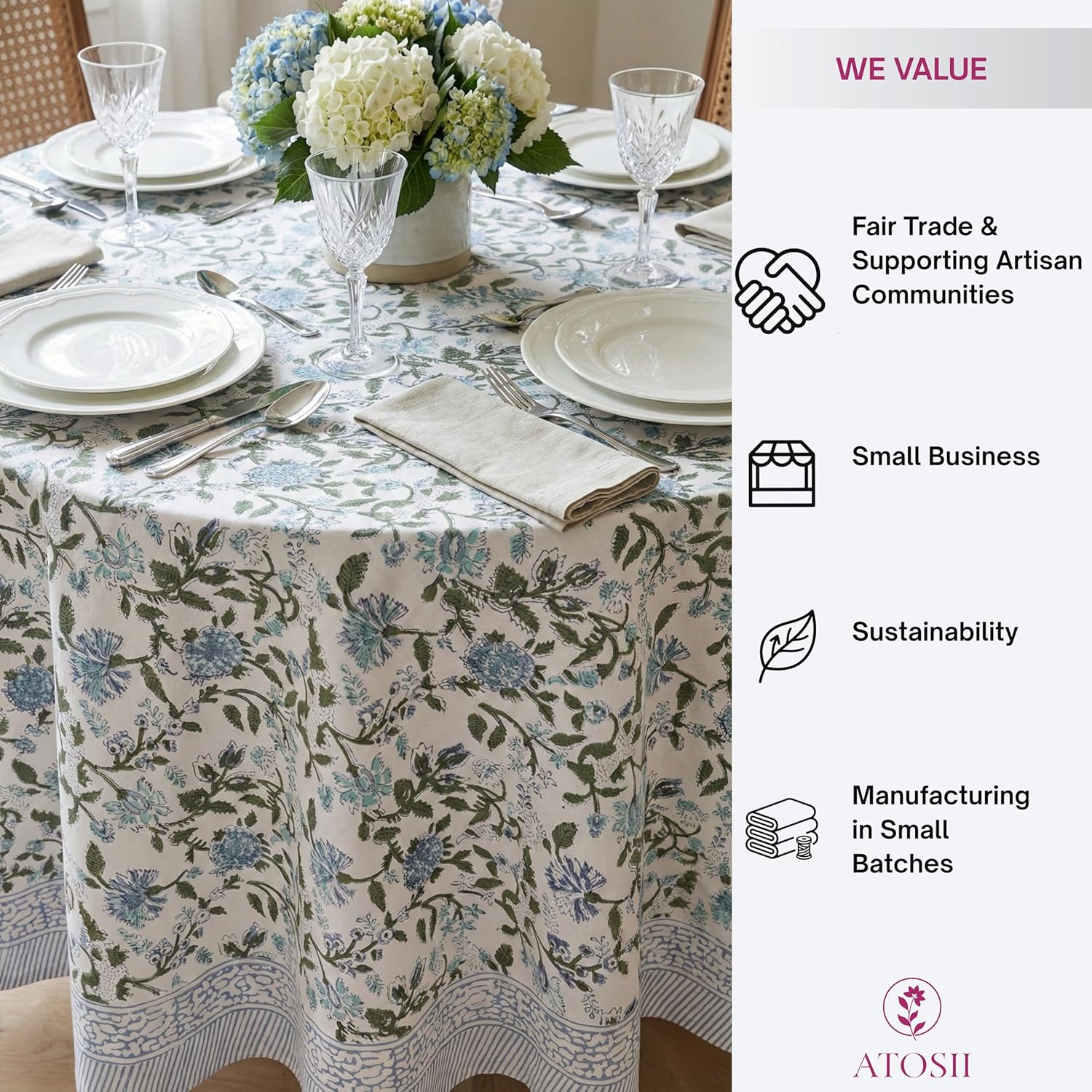 Detalle de ATOSII Mahoka Blue 90-Inch Round 100% Cotton Tablecloth