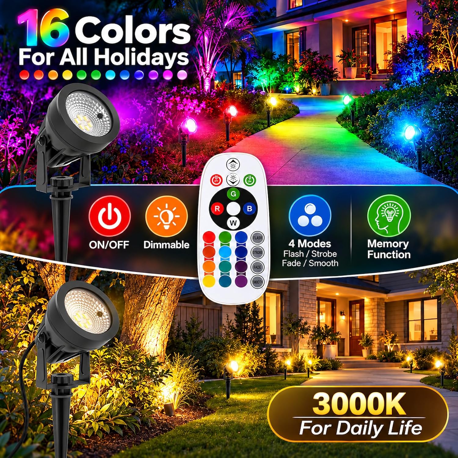 Detalle de T-SUNUS TS-F2020-1H-(RGB|30)-US-2P RGB Landscape Spotlights, 2-Pack