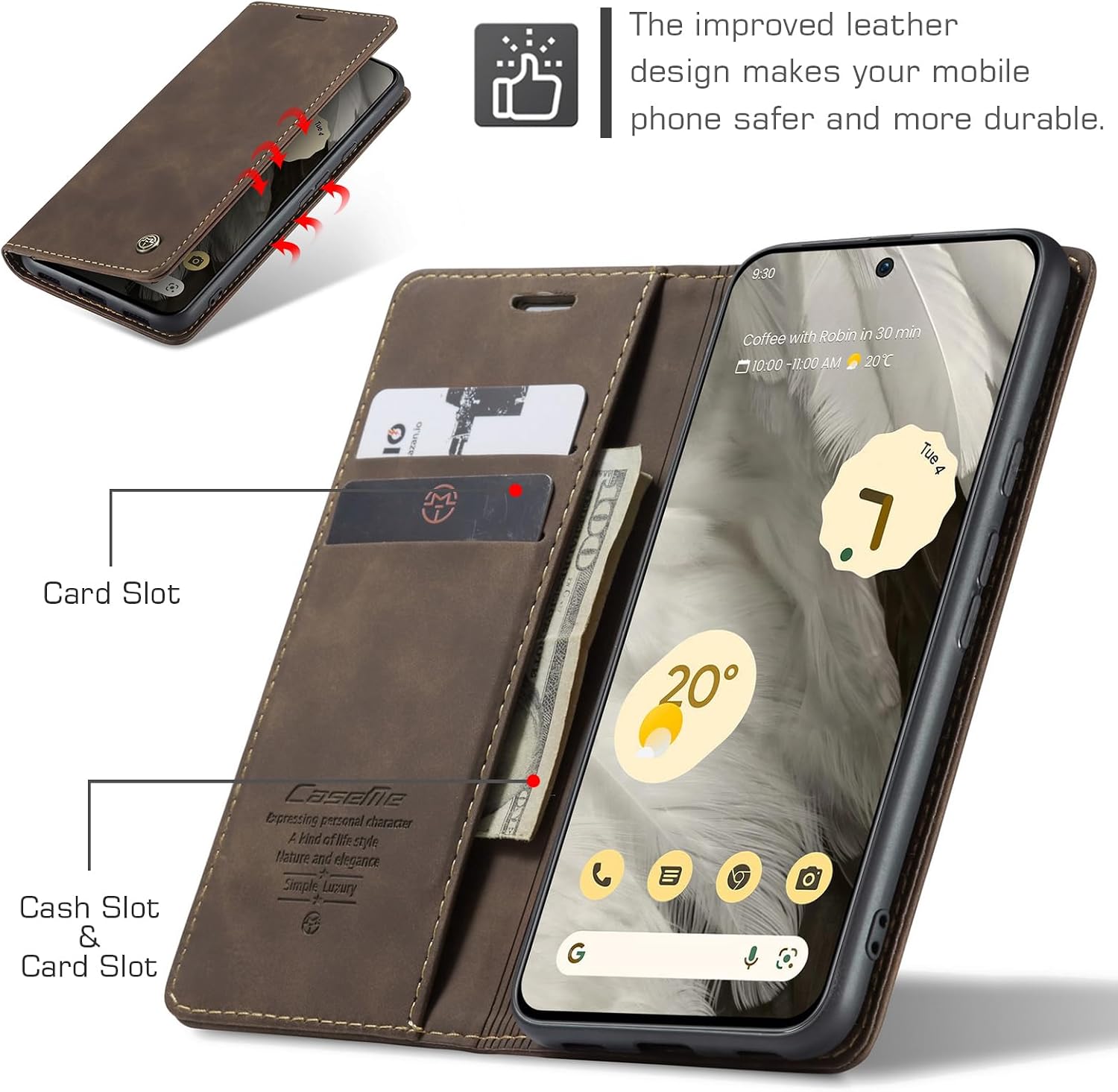 Detalle 2 de Cracedily Handyhülle für Google Pixel 8 – Klapphülle aus PU mit Kartenfach, Magnetverschluss und Standfunktion