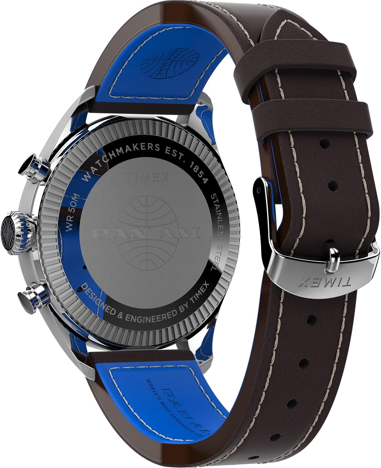 Detalle de Timex X Pan Am Chronograph für Herren, 42 mm – Edelstahlgehäuse, blaues Zifferblatt, Quarz