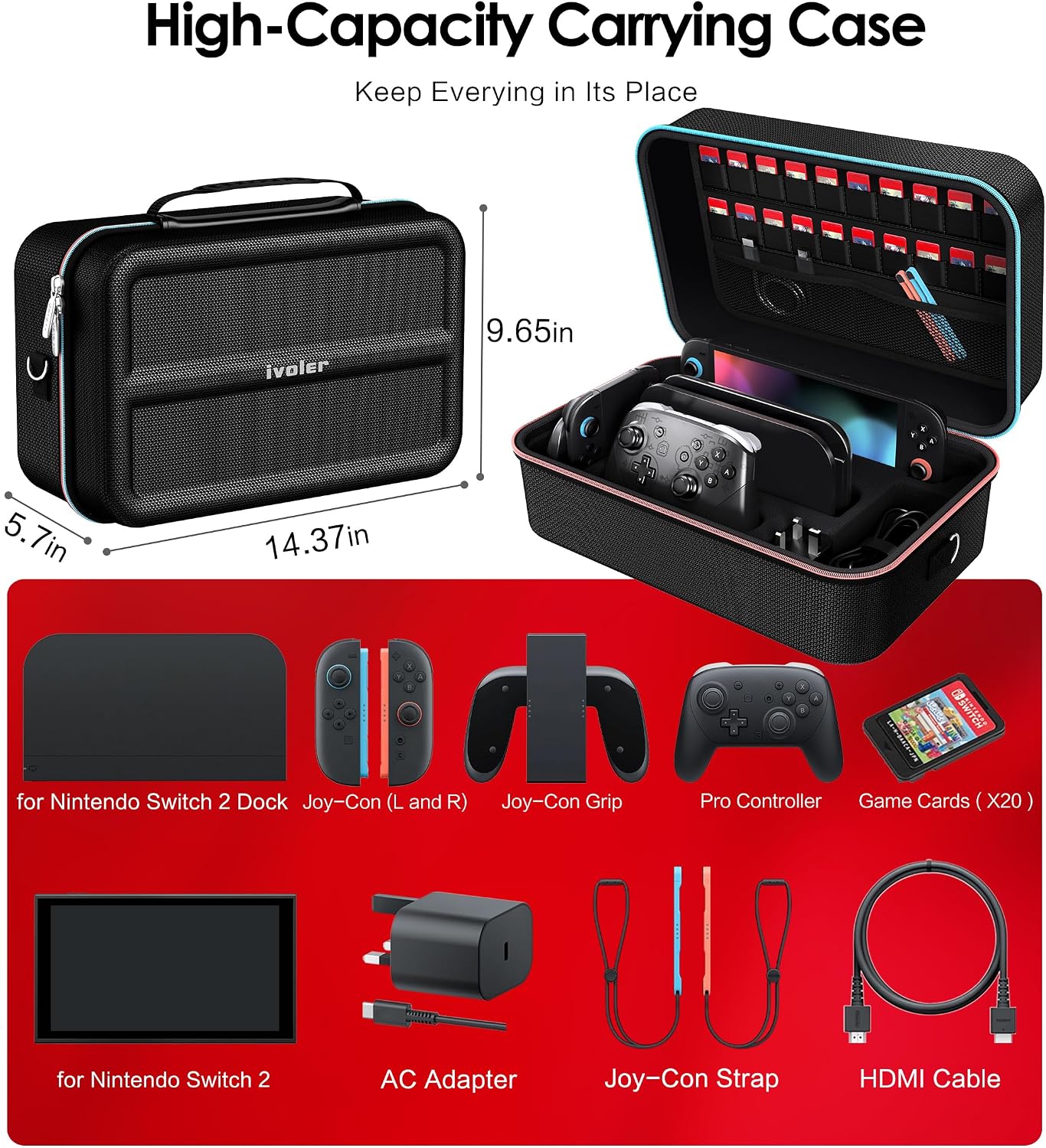 Thumbnail 1 de ivoler Carrying All-in-One Case for Nintendo Switch 2, 20-game pouch
