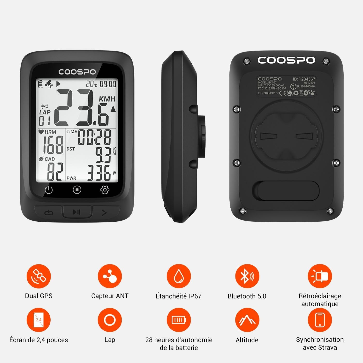 Detalle de COOSPO BC107: Compteur vélo sans fil Bluetooth 5.0 et ANT+ avec écran LCD 2,4