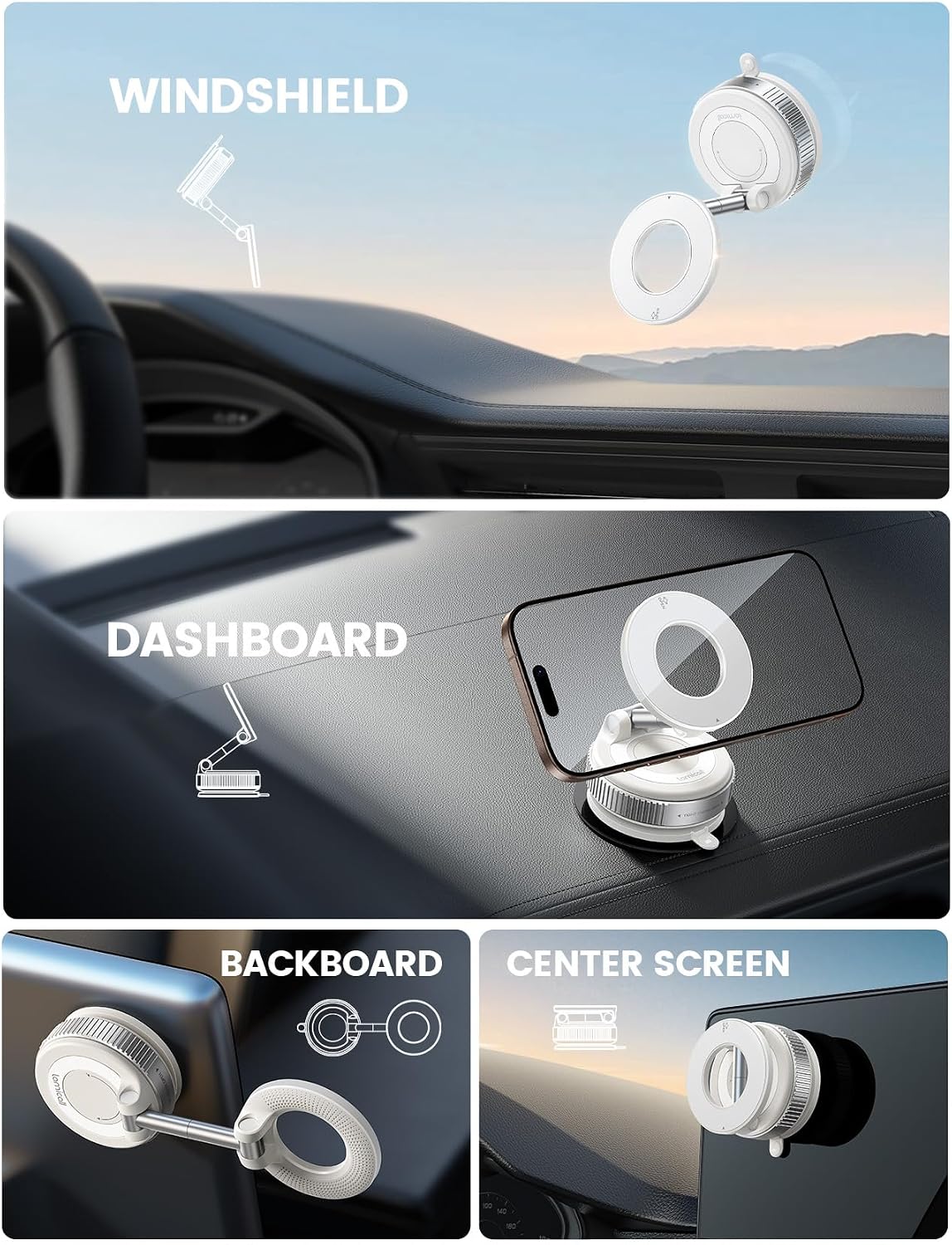 Detalle de Lamicall Vacuum Magnetic Car Phone Holder (2025) with MagSafe-style support and 360° rotation – White