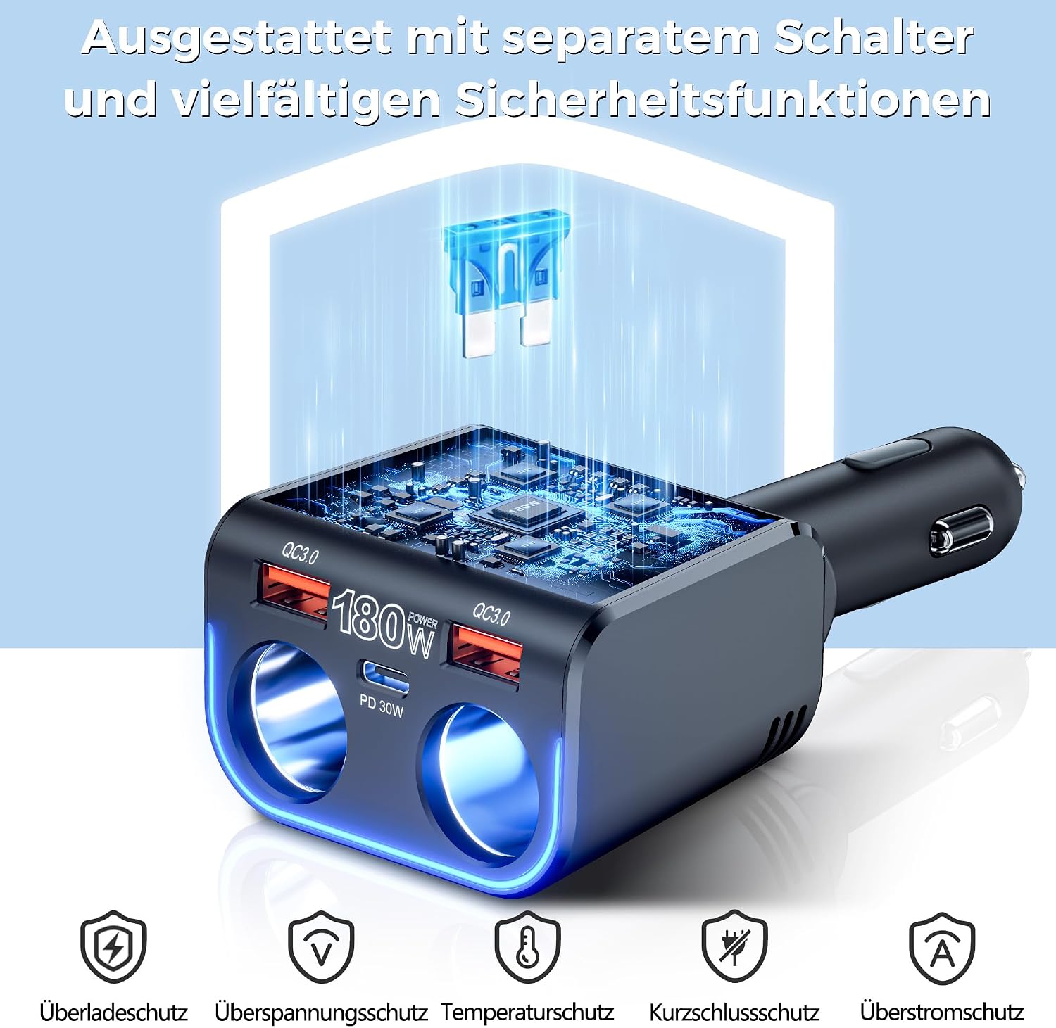 Thumbnail 5 de SONRU180W Zigarettenanzünder Verteiler 5 in 1 – 24/12 V Auto Ladegerät mit zwei USB-C Schnellladeanschlüssen