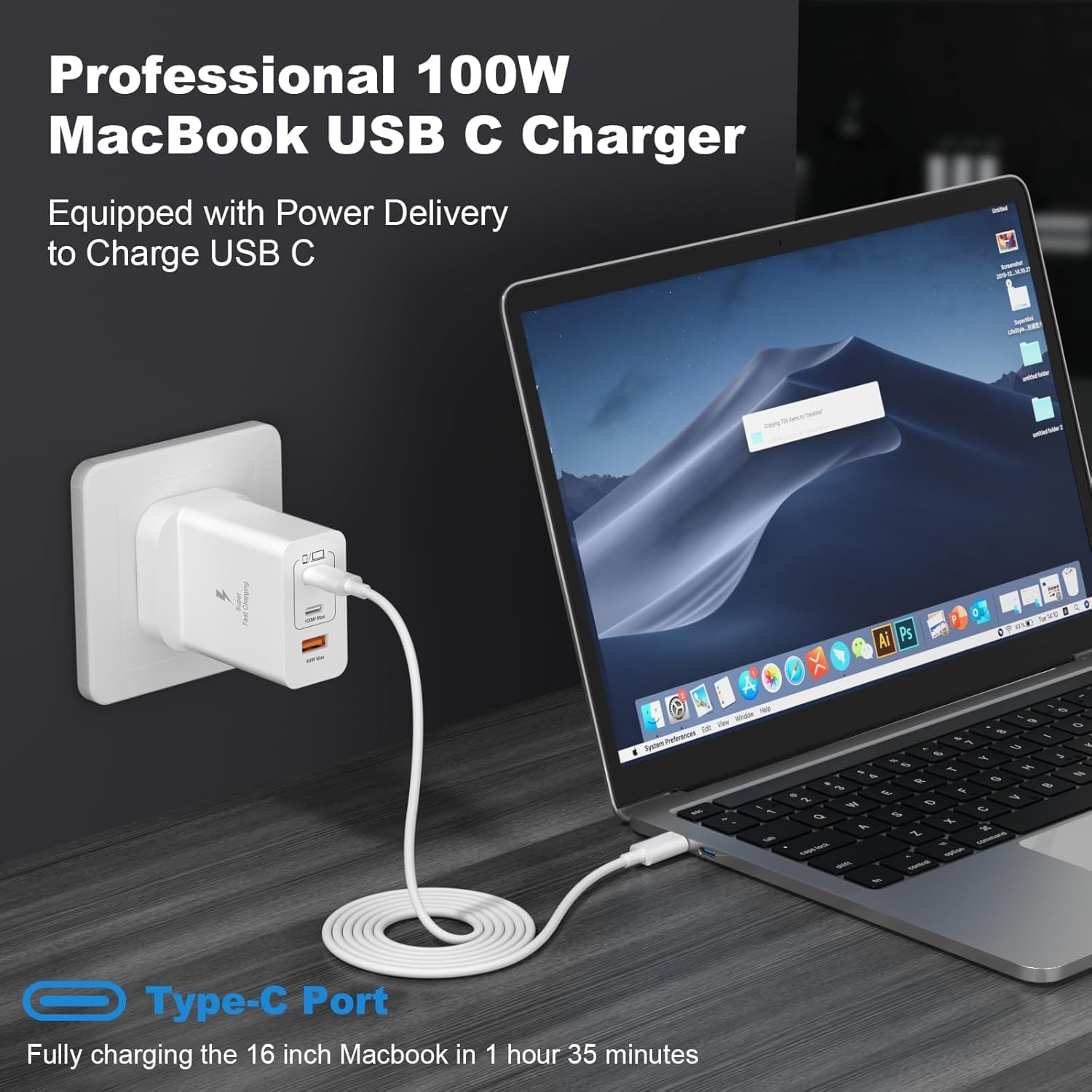 Detalle de iPhone Charger Fast Charge USB C Plug 100W with 100W USB-C Cable & Lightning Cable – UK 3-Port Multi-Charger