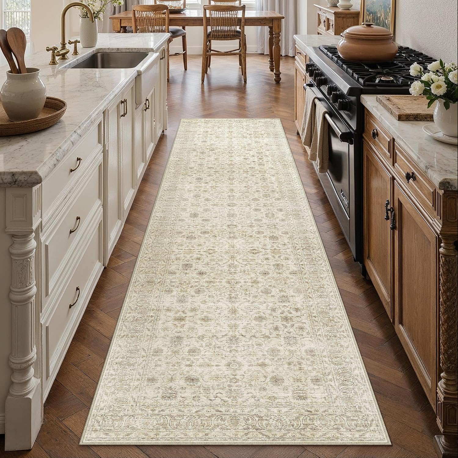 Detalle de PureCozy Vintage Hallway Runner Rug 60 x 240 cm, Beige Low-Pile Polyester