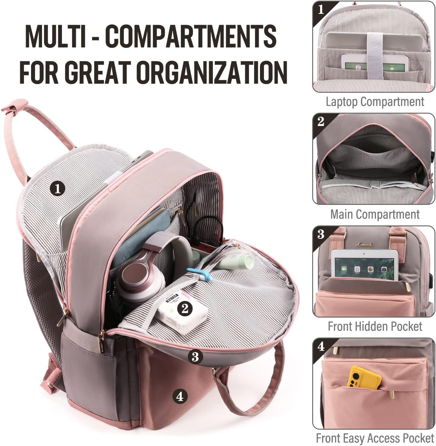 Detalle de LOVEVOOK Women's 15.6 Inch Laptop Backpack – Water-Resistant, USB Port, Grey & Pink