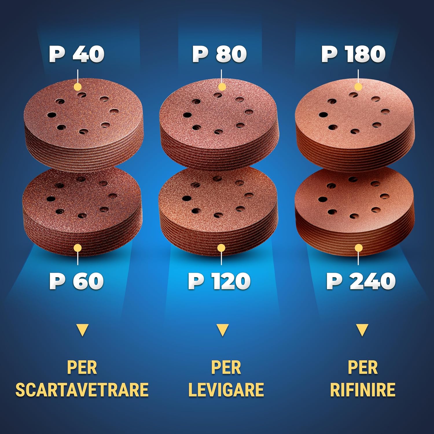 Thumbnail 6 de S&R Dischi Abrasivi 125 mm Carta Vetrata Levigatrice — Set 60 pezzi, grane 40/60/80/120/180/240 (8 fori) per levigatrice orbitale