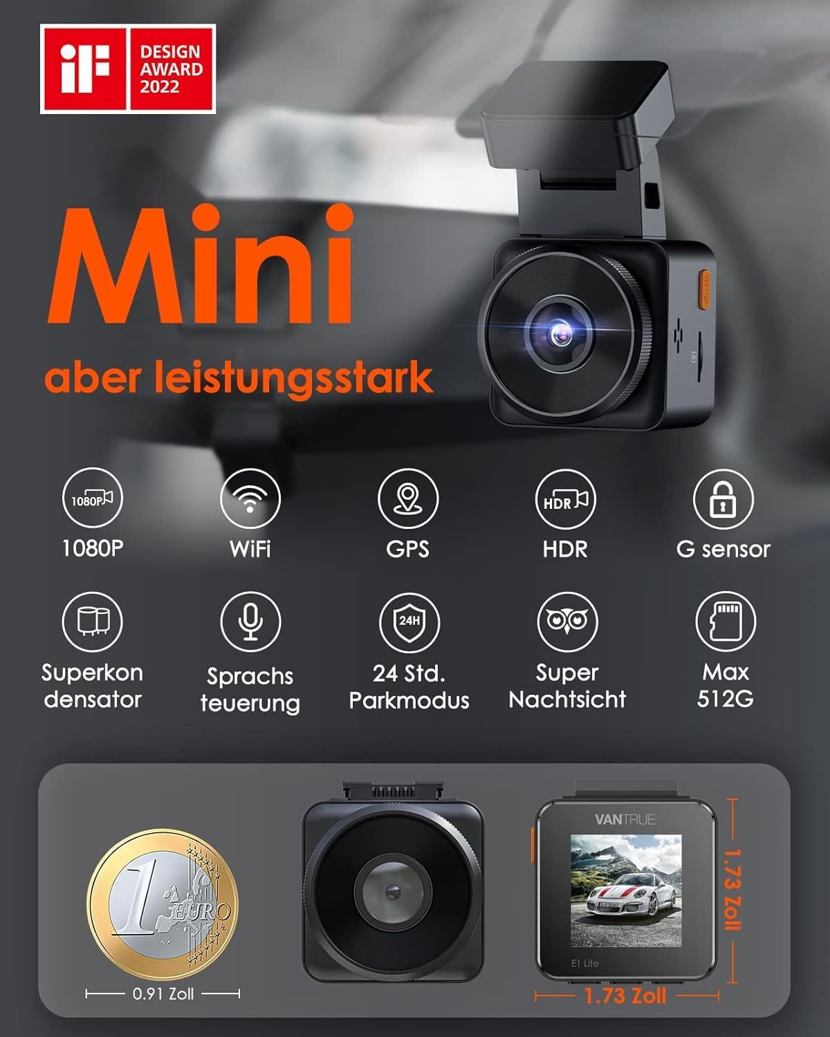 Thumbnail 1 de VANTRUE E1 Lite 1080P Mini WiFi GPS Dash Cam anteriore con HDR, controllo app e comandi vocali in inglese