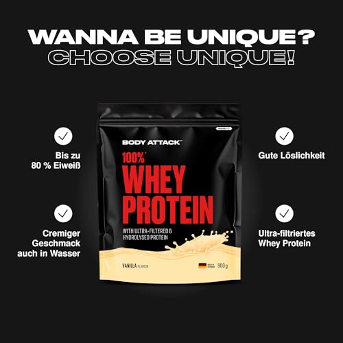 Detalle de Body Attack 100% Whey Protein Strawberry White Choc., 900 g – Cremiges Eiweißpulver mit Hydrolysat & BCAA für Muskelaufbau